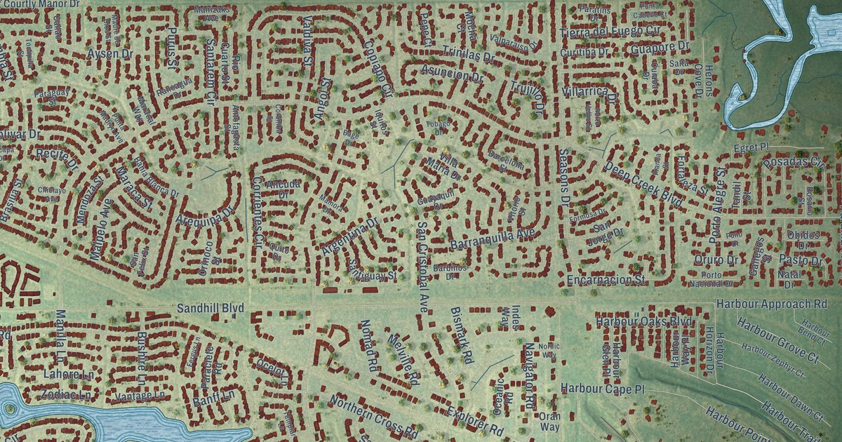 Close-up of streets and buildings in Deep Creek, Florida
