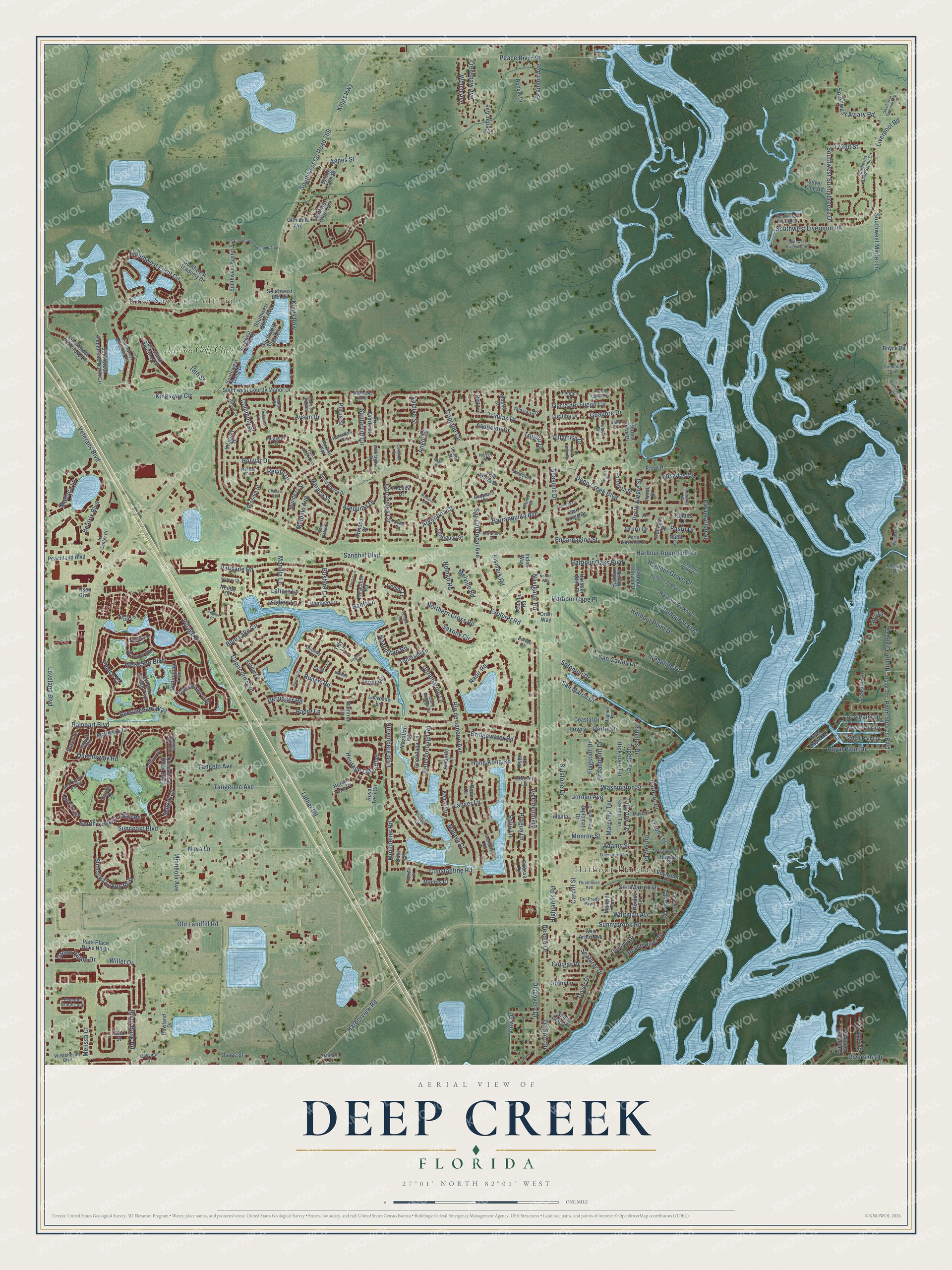 Full map of Deep Creek, Florida, with red buildings, printed street names and the land around them