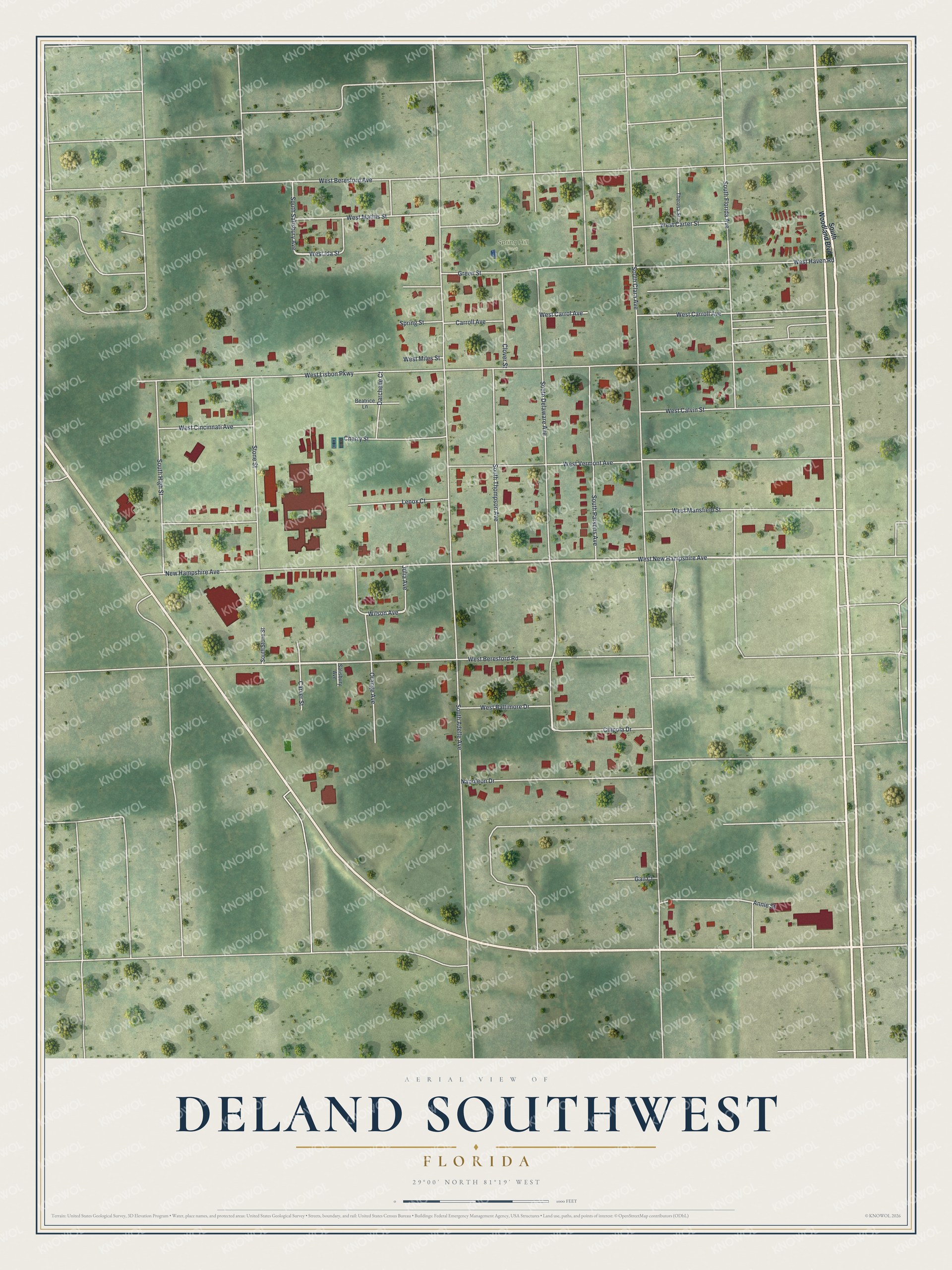Full map of DeLand Southwest, Florida, with red buildings, printed street names and the land around them