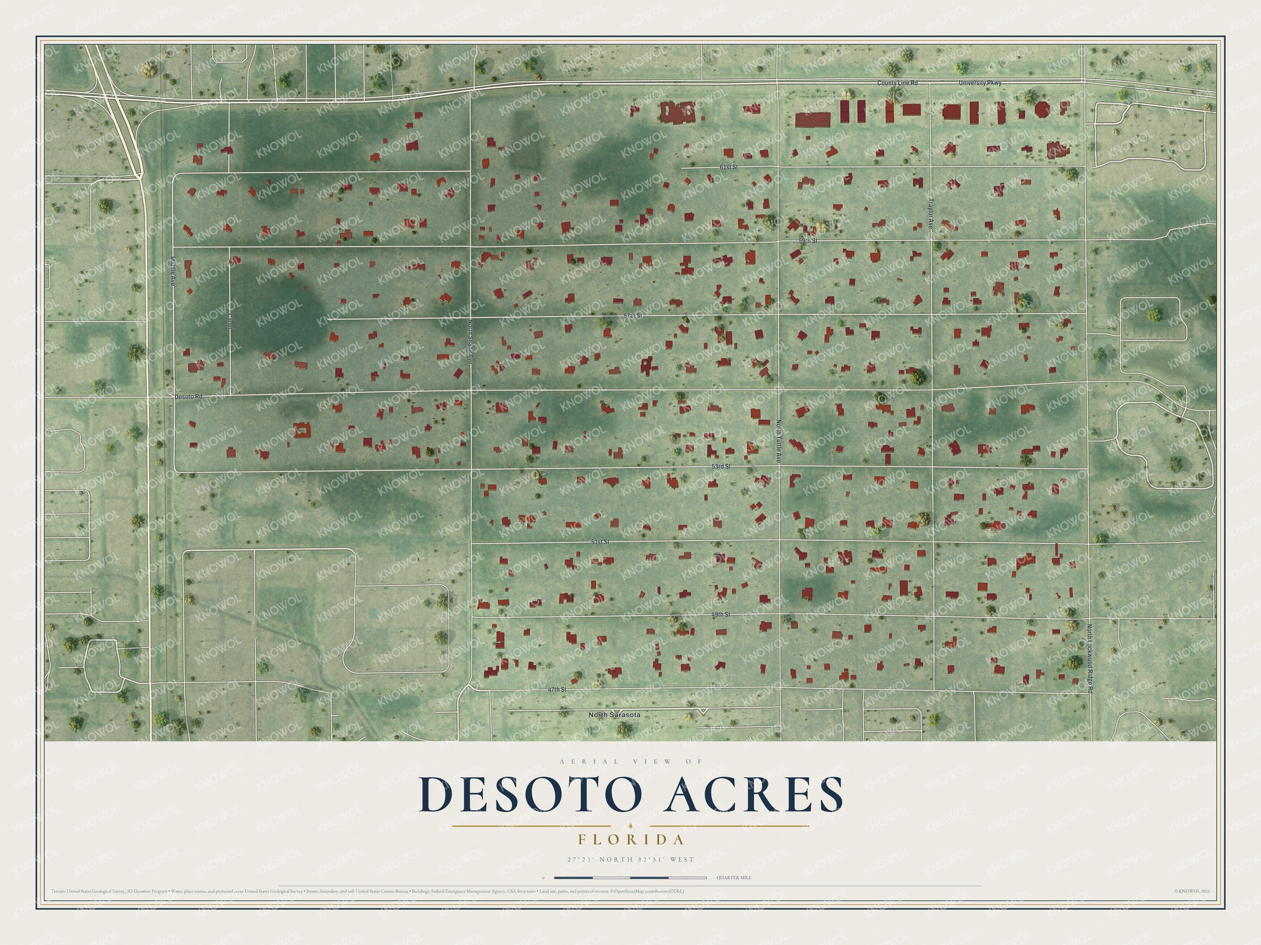 Full map of Desoto Acres, Florida, with red buildings, printed street names and the land around them