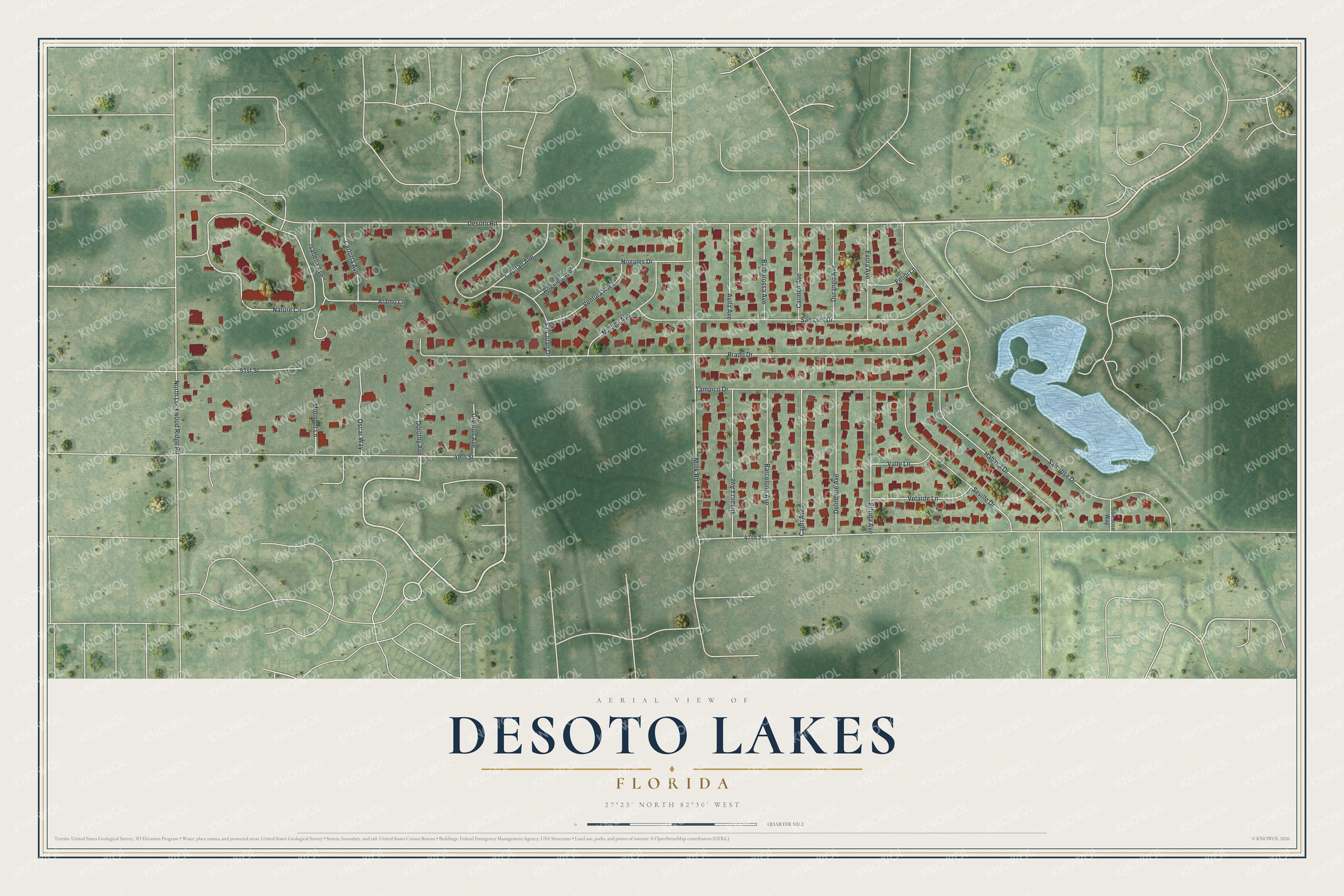 Full map of Desoto Lakes, Florida, with red buildings, printed street names and the land around them