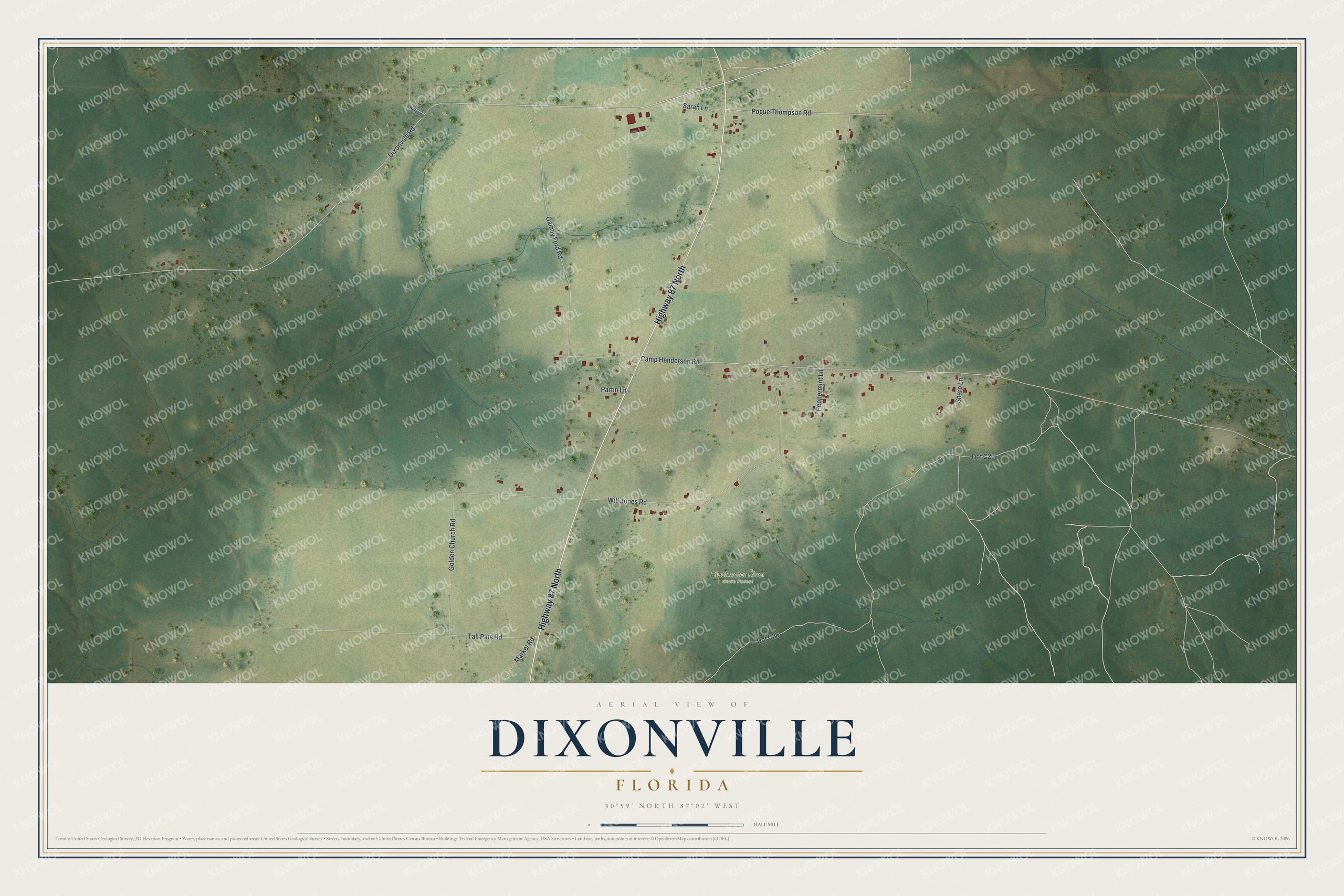 Full map of Dixonville, Florida, with red buildings, printed street names and the land around them