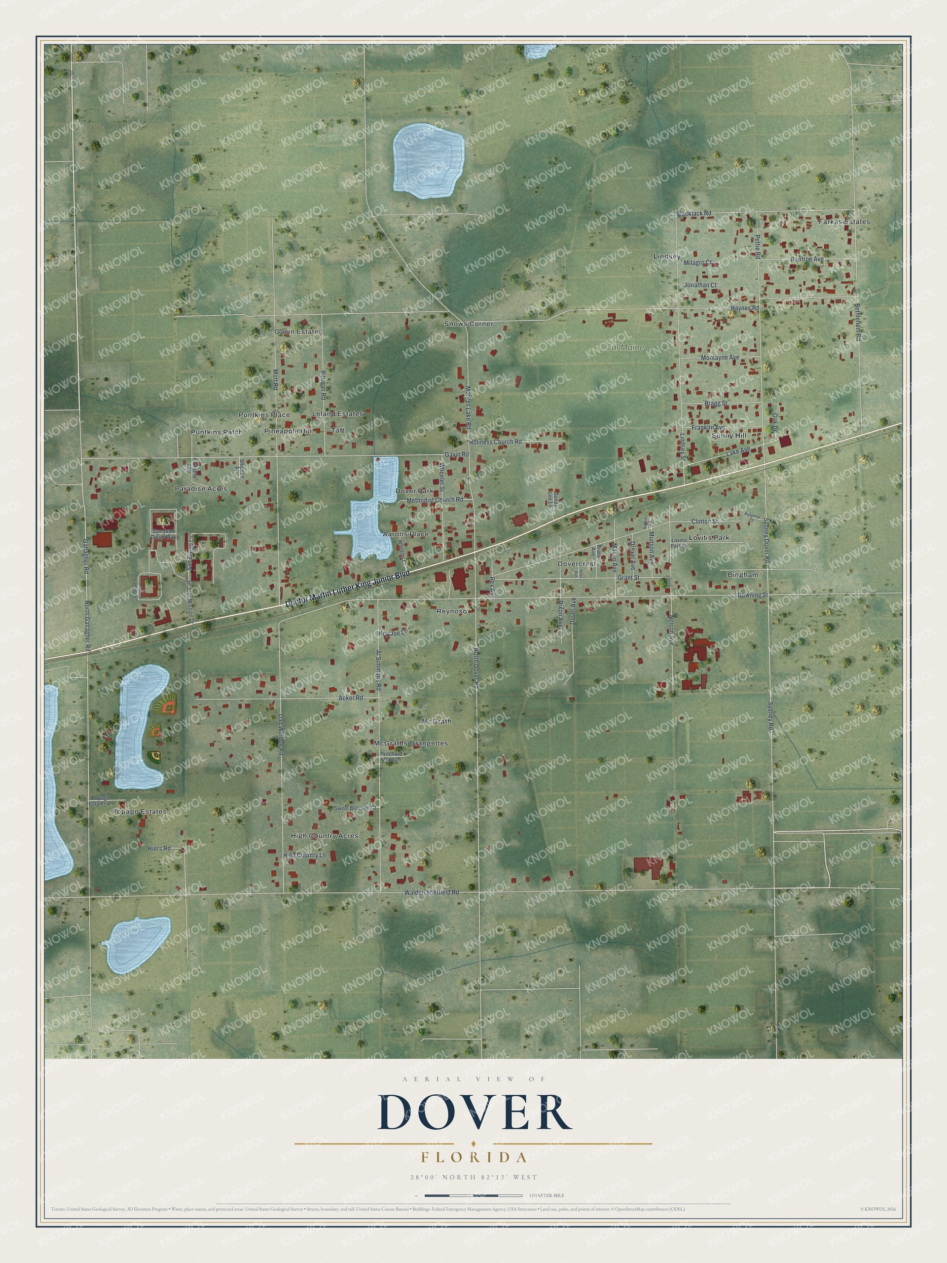 Full map of Dover, Florida, with red buildings, printed street names and the land around them