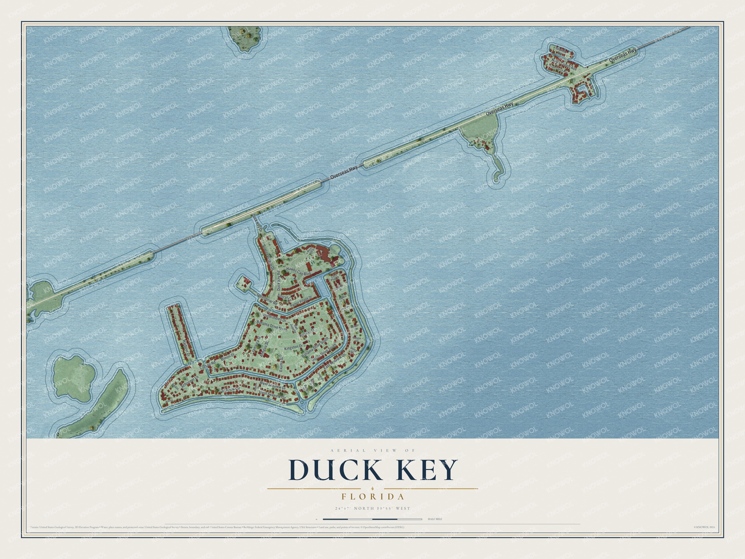 Full map of Duck Key, Florida, with red buildings, printed street names and the land around them