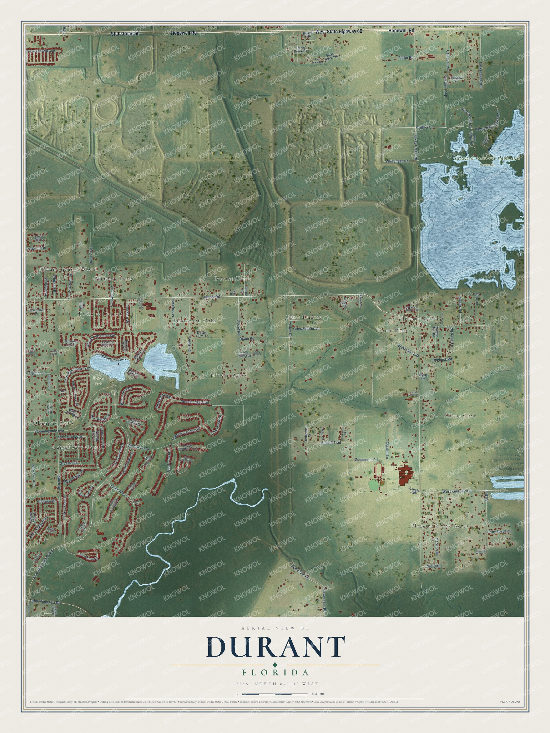 Full map of Durant, Florida, with red buildings, printed street names and the land around them