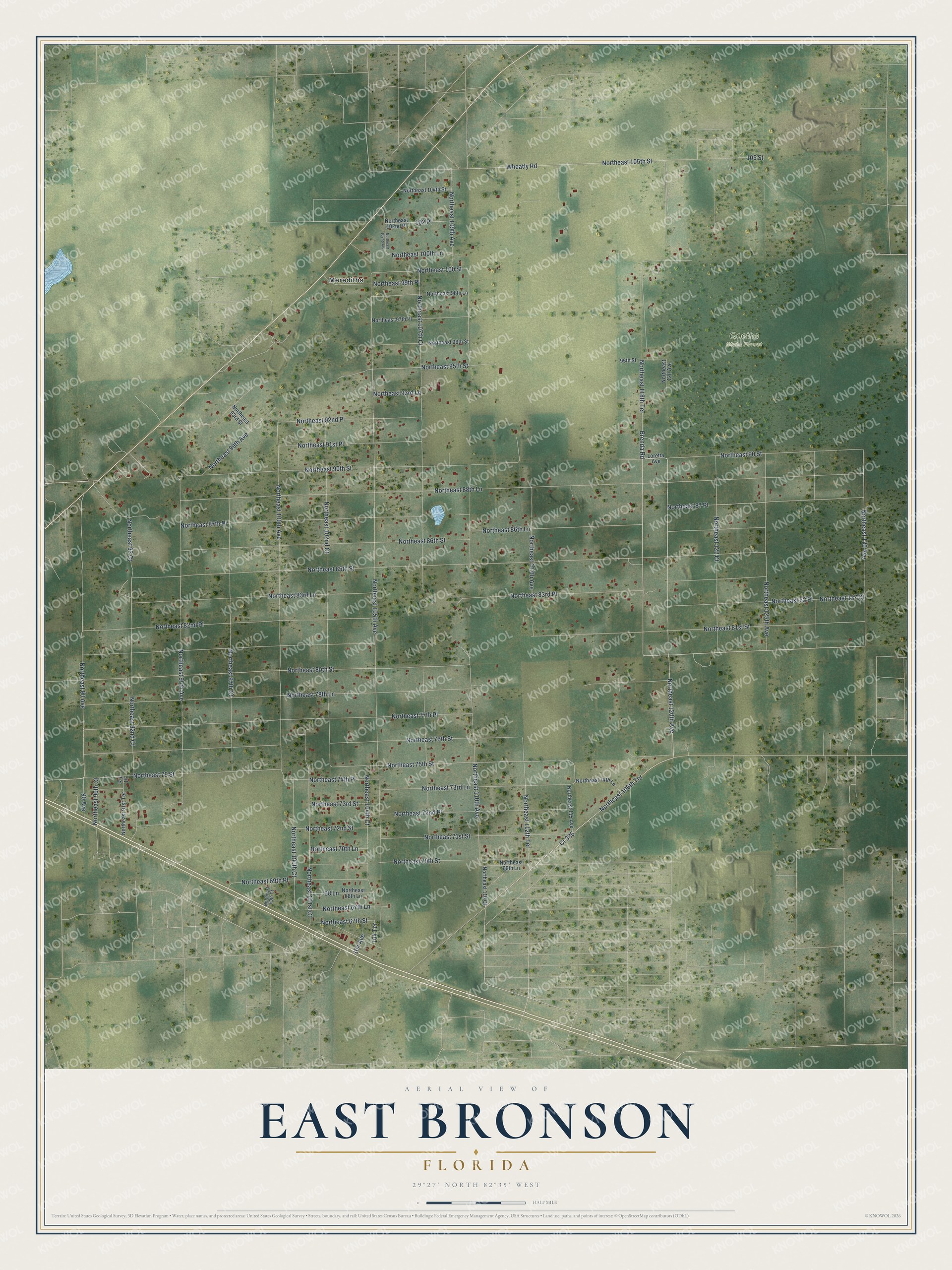 Full map of East Bronson, Florida, with red buildings, printed street names and the land around them