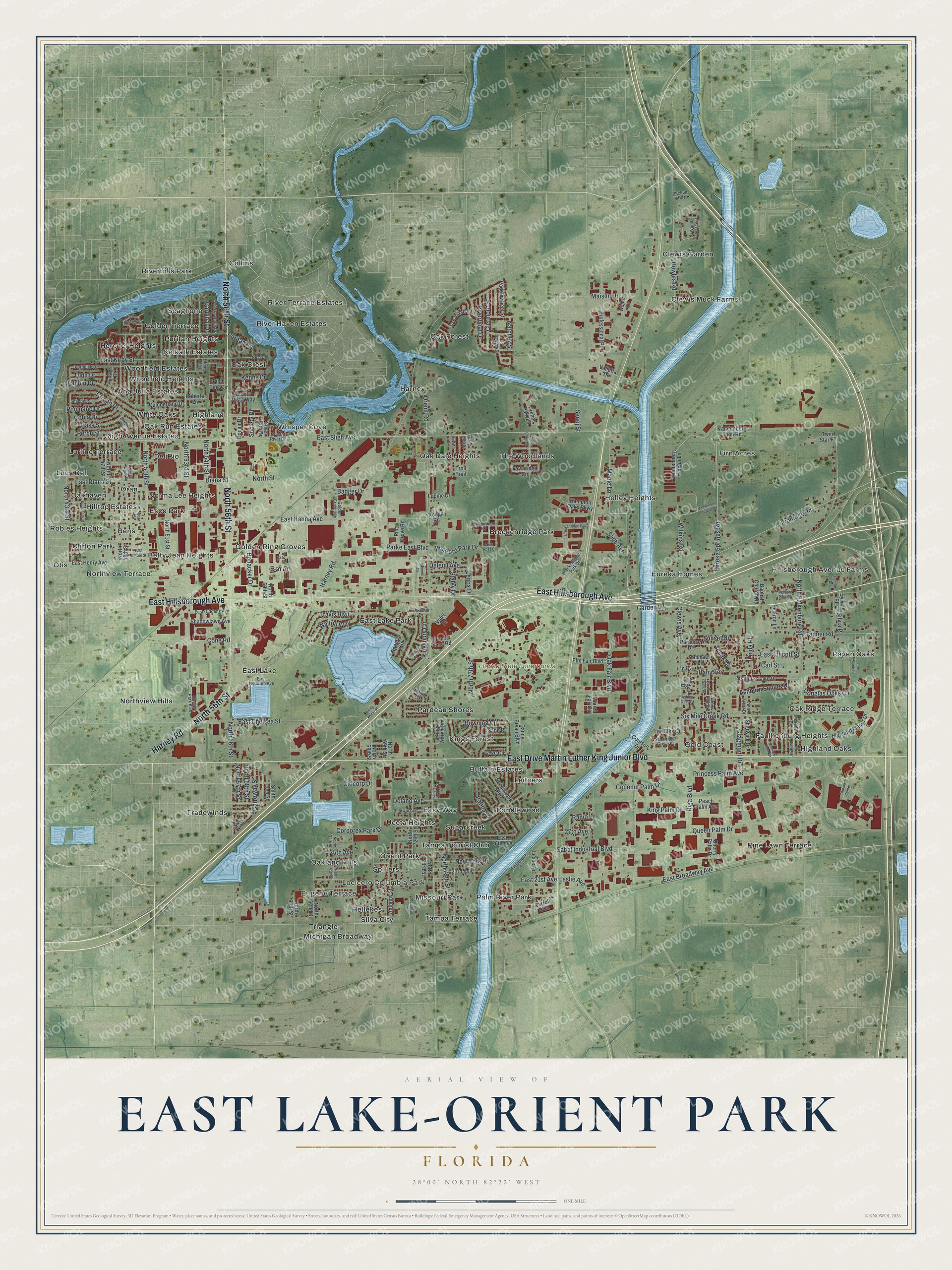 Full map of East Lake-Orient Park, Florida, with red buildings, printed street names and the land around them