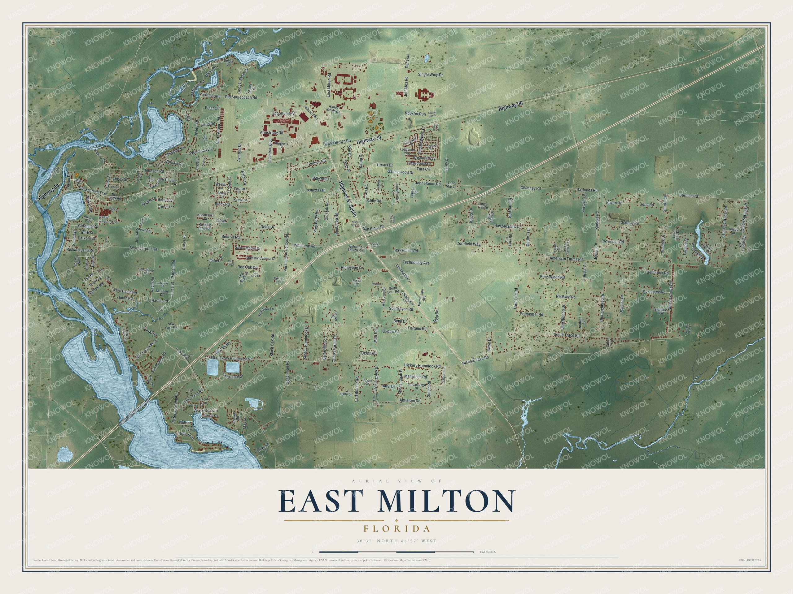 Full map of East Milton, Florida, with red buildings, printed street names and the land around them