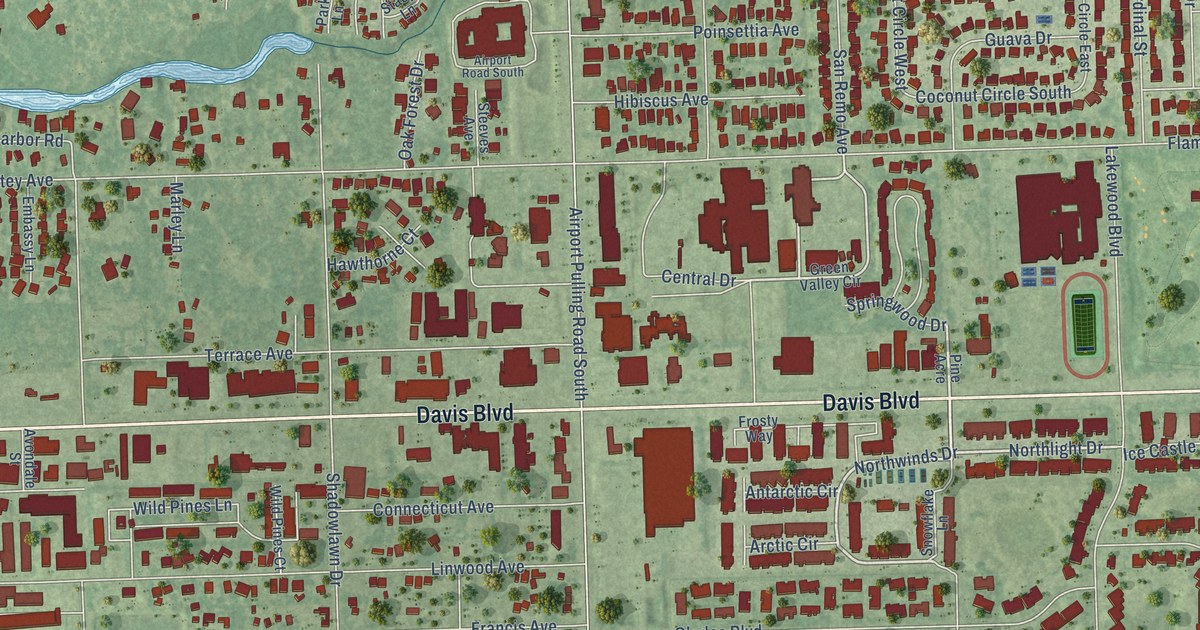 Close-up of streets and buildings in East Naples, Florida