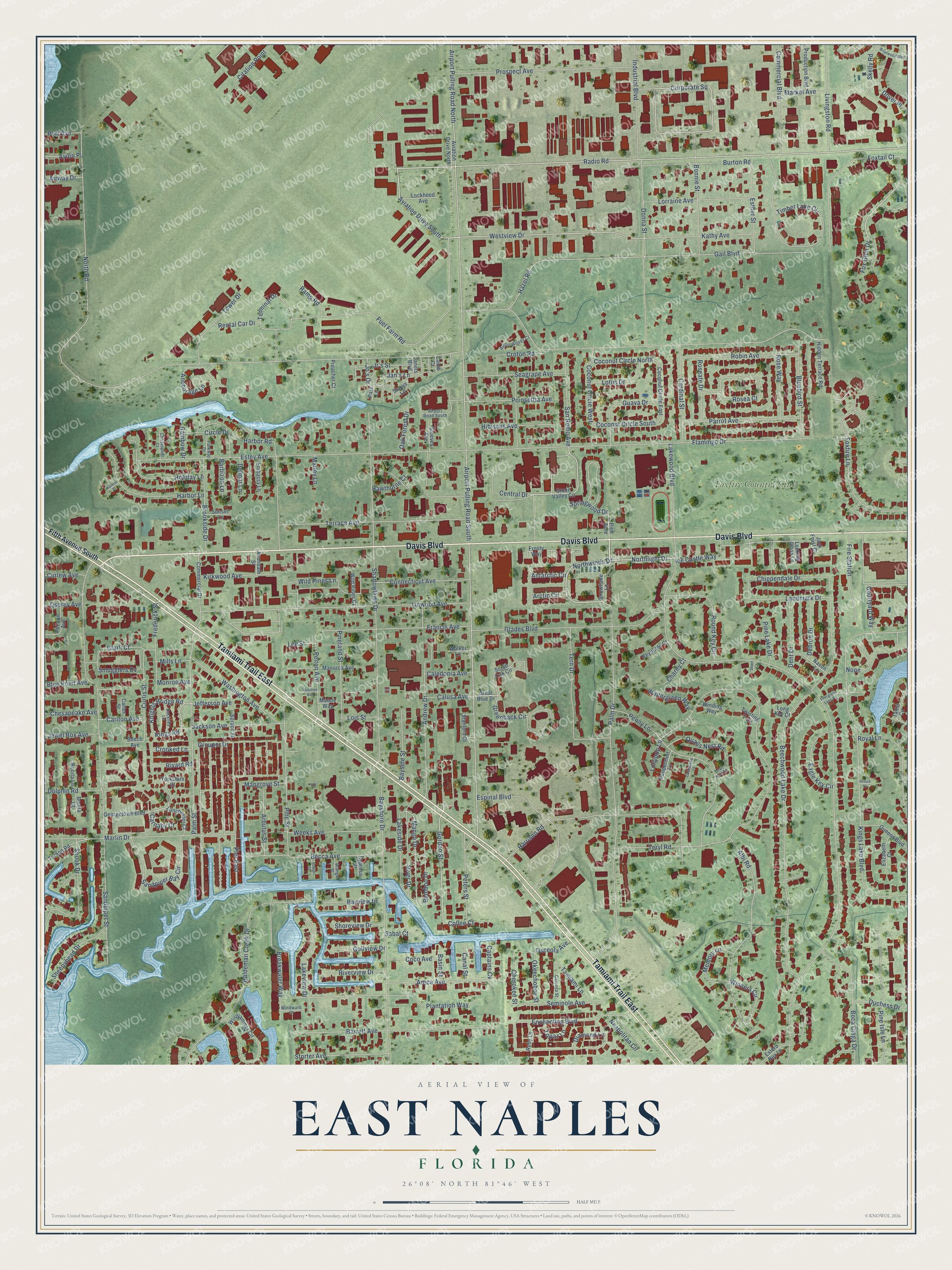 Full map of East Naples, Florida, with red buildings, printed street names and the land around them