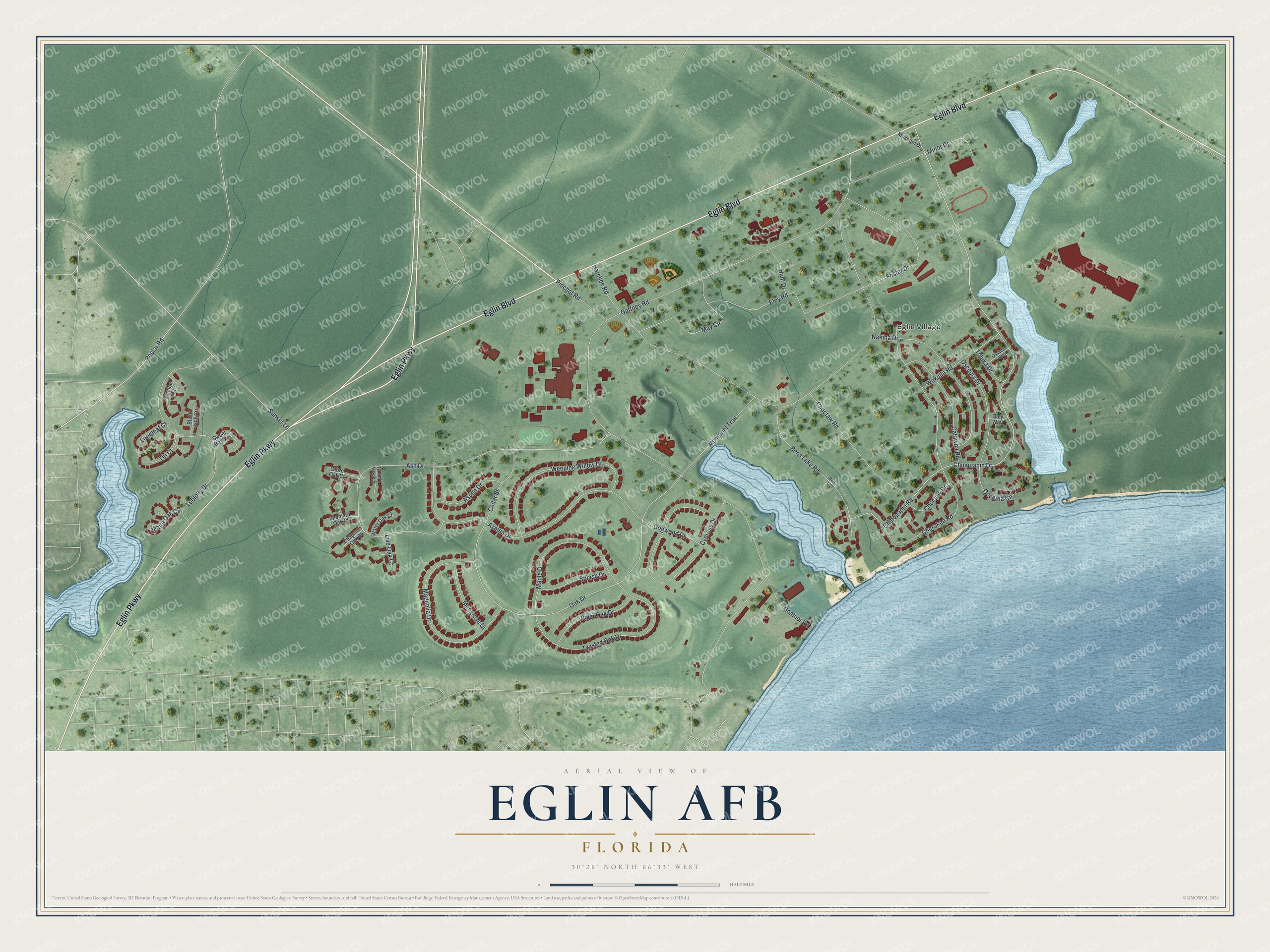 Full map of Eglin AFB, Florida, with red buildings, printed street names and the land around them