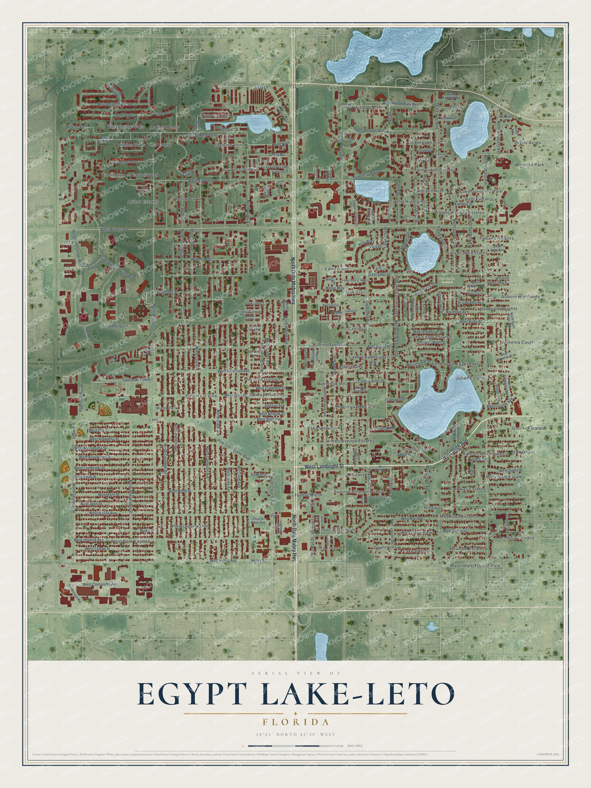Full map of Egypt Lake-Leto, Florida, with red buildings, printed street names and the land around them