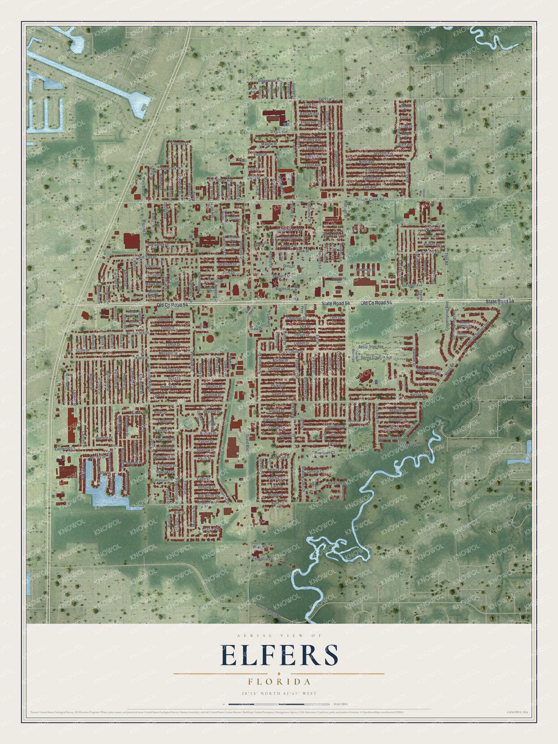Full map of Elfers, Florida, with red buildings, printed street names and the land around them