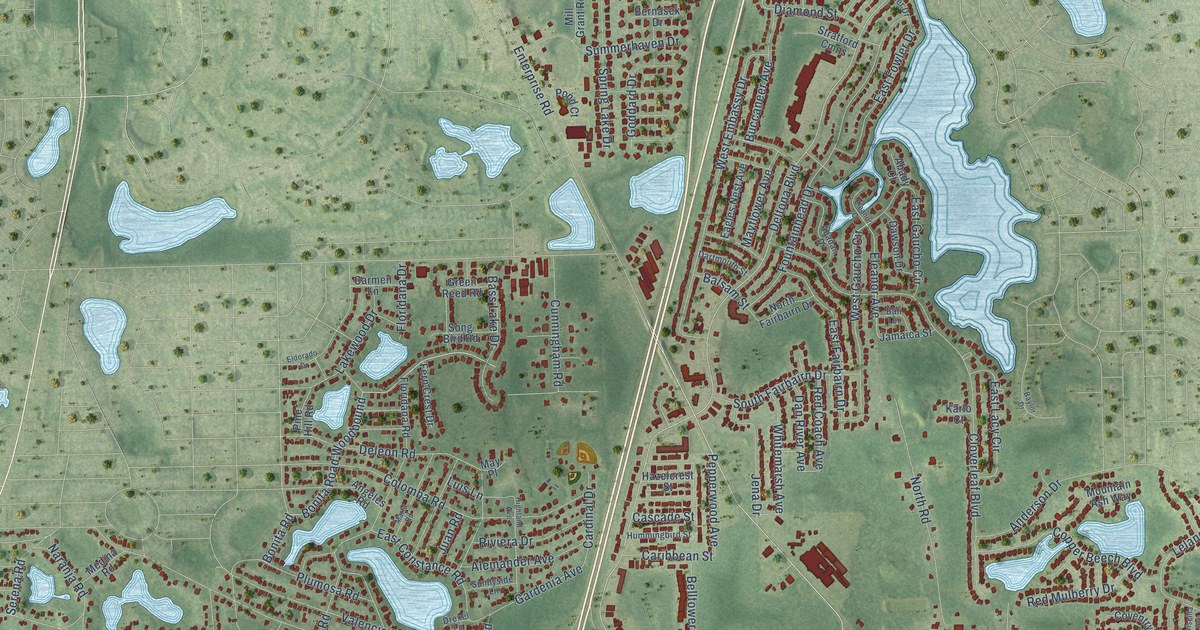 Close-up of streets and buildings in Enterprise, Florida