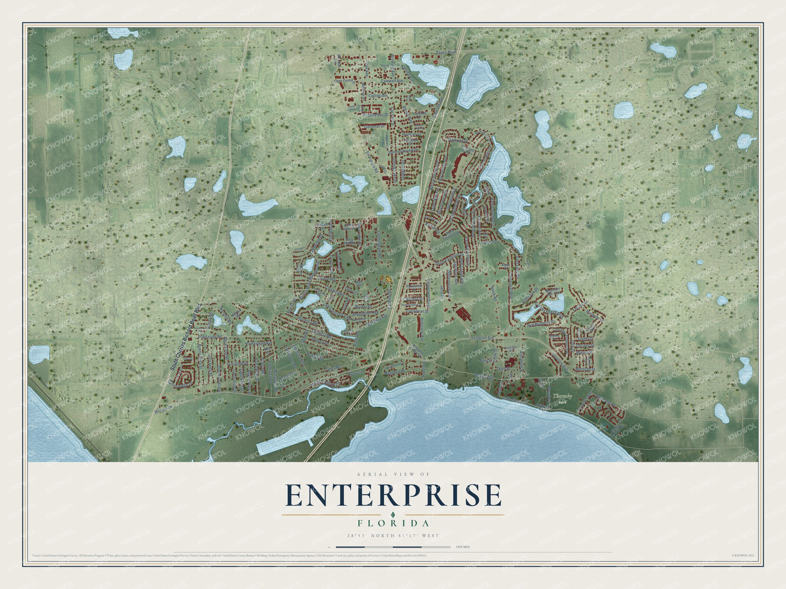 Full map of Enterprise, Florida, with red buildings, printed street names and the land around them