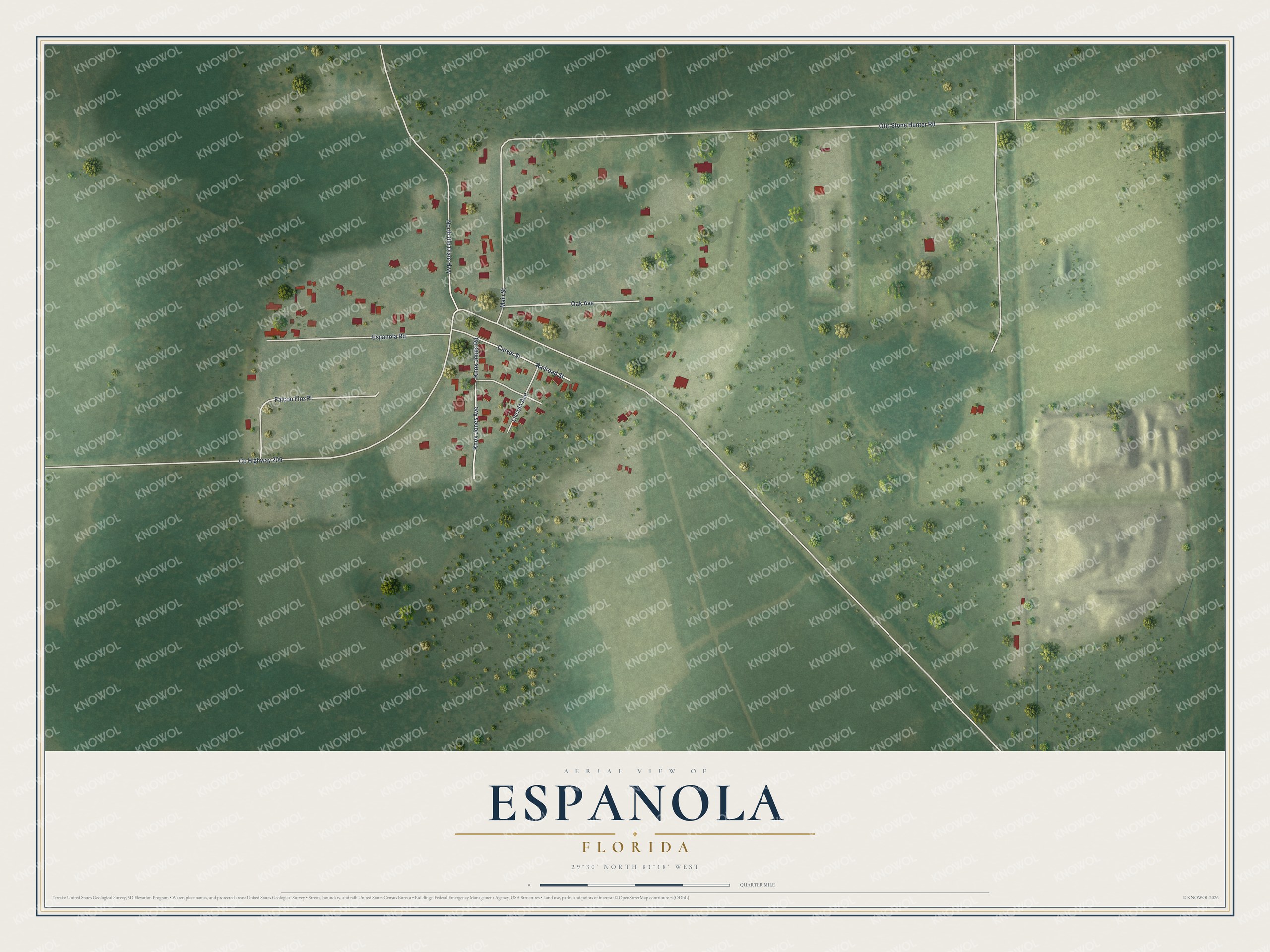Full map of Espanola, Florida, with red buildings, printed street names and the land around them