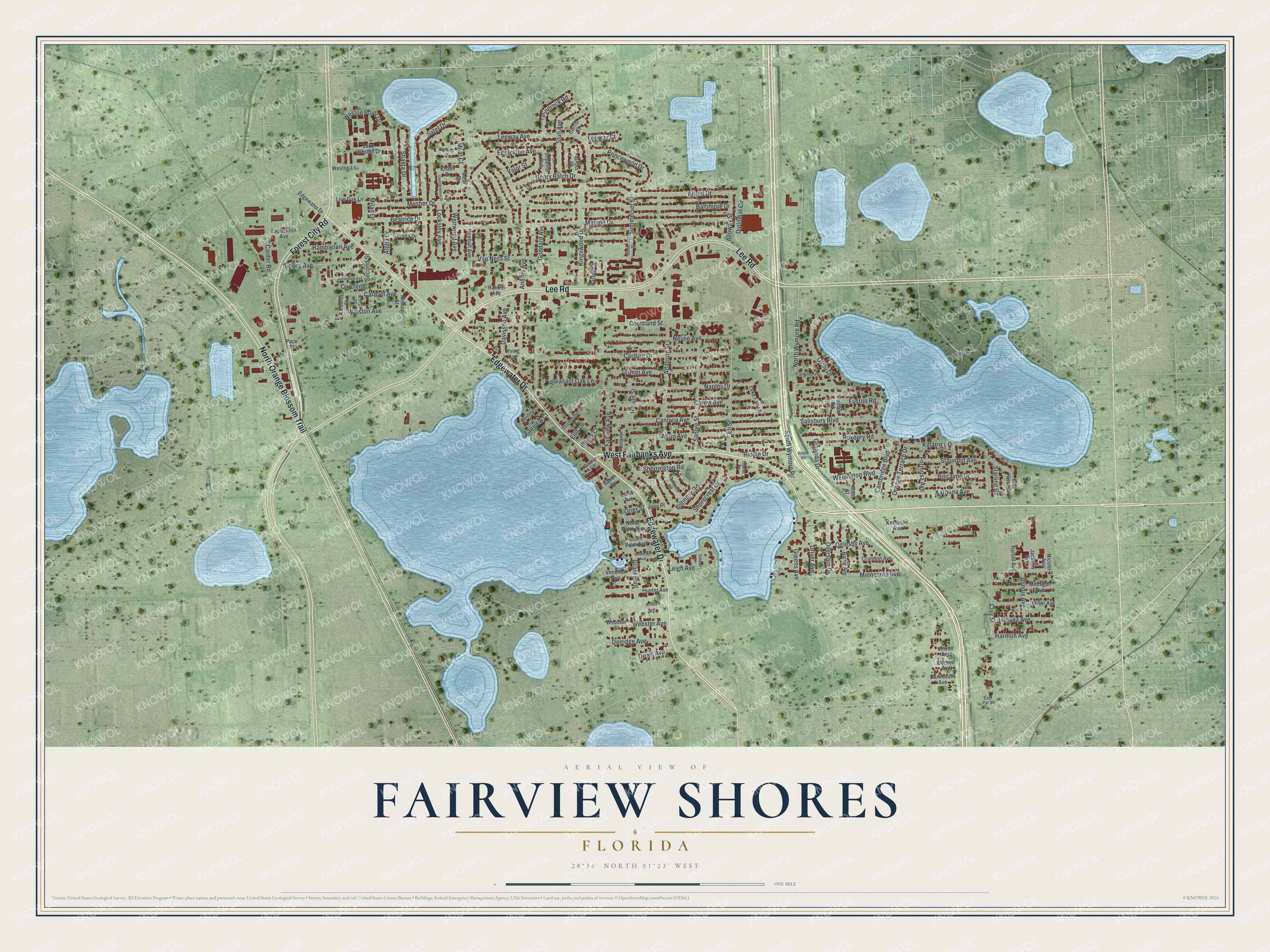 Full map of Fairview Shores, Florida, with red buildings, printed street names and the land around them