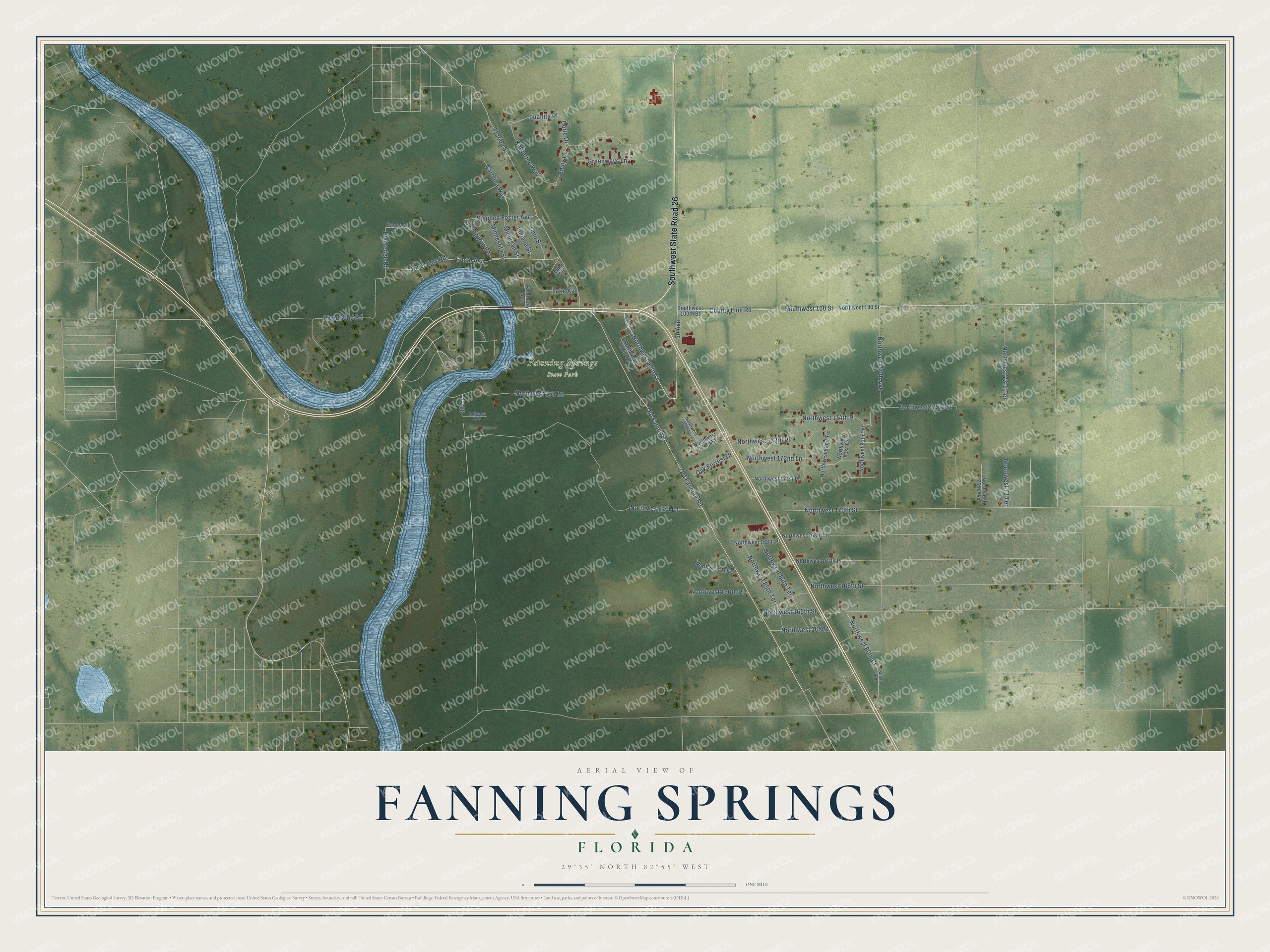 Map of Fanning Springs, Florida, with Canal Avenue, Old Fannin Road and Fanning Springs State Park