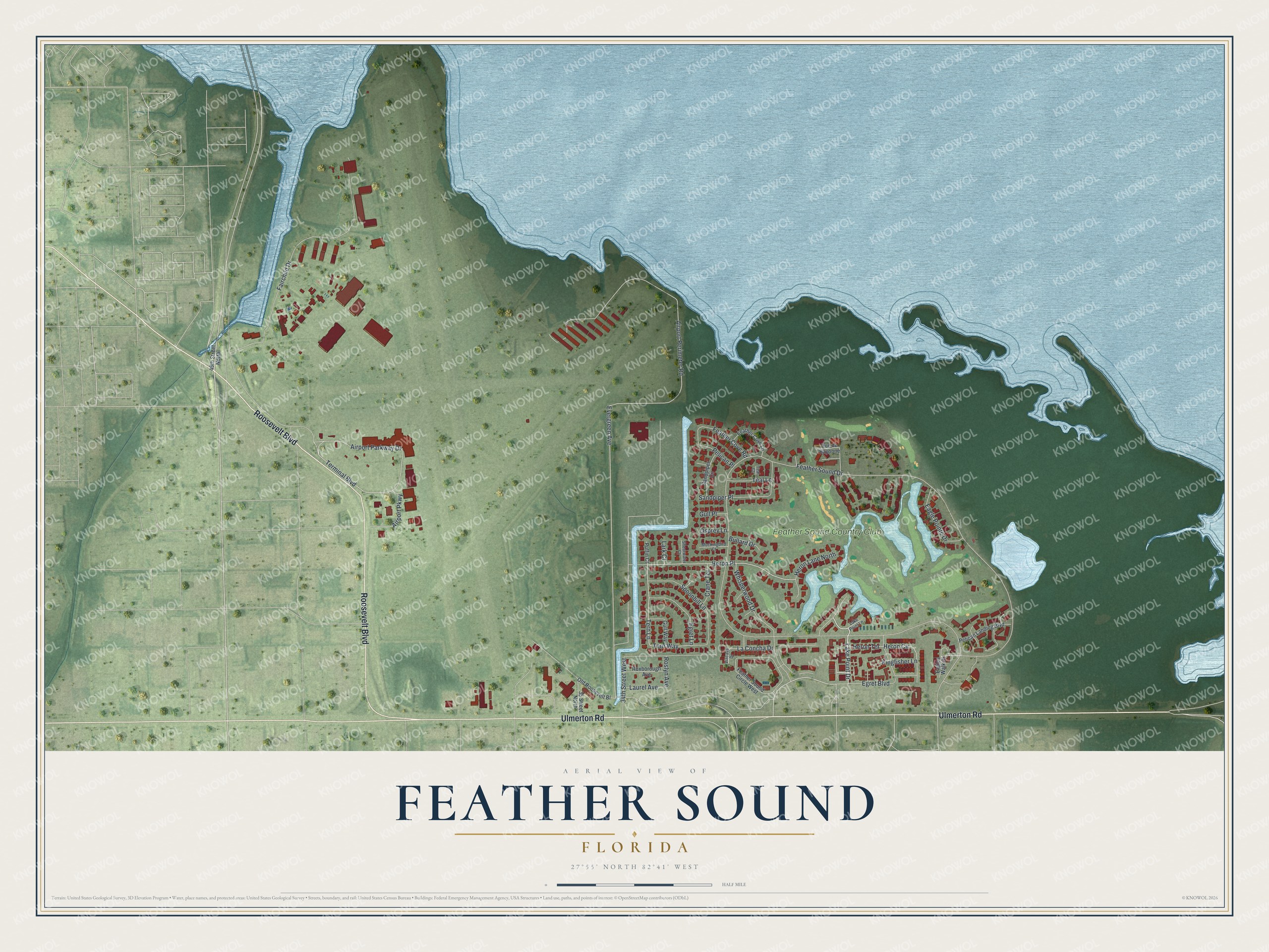 Full map of Feather Sound, Florida, with red buildings, printed street names and the land around them