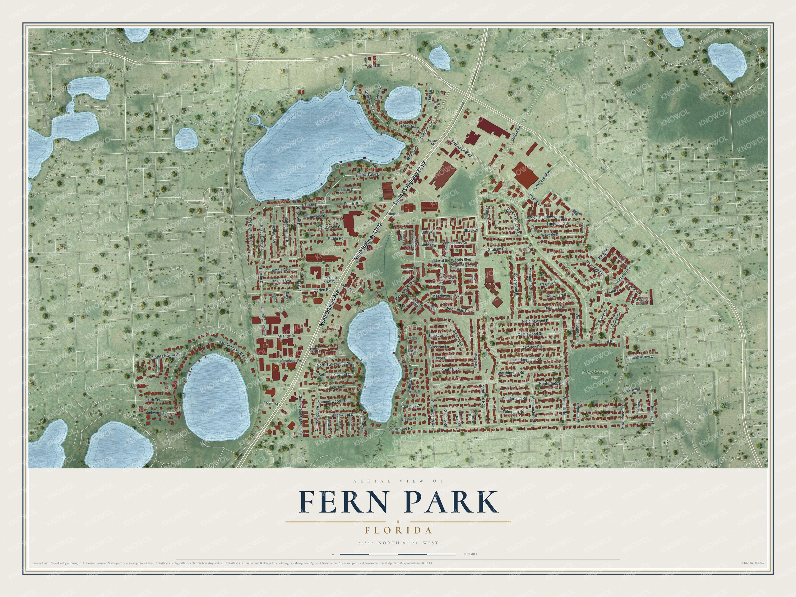 Full map of Fern Park, Florida, with red buildings, printed street names and the land around them
