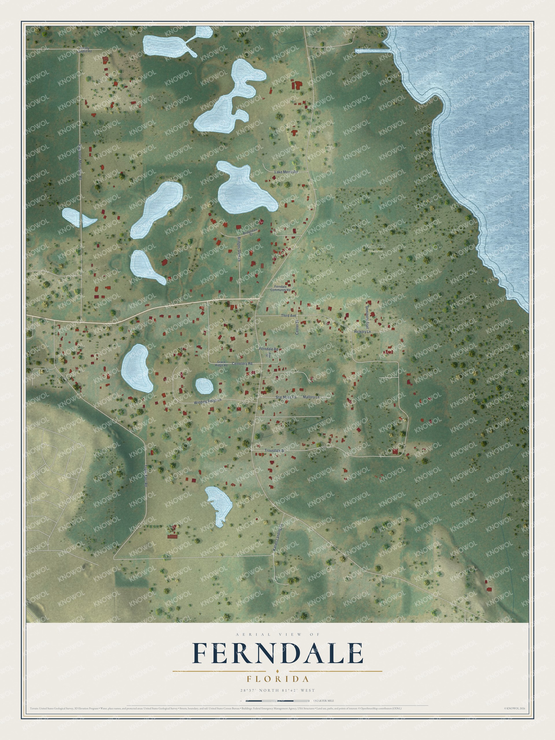 Full map of Ferndale, Florida, with red buildings, printed street names and the land around them