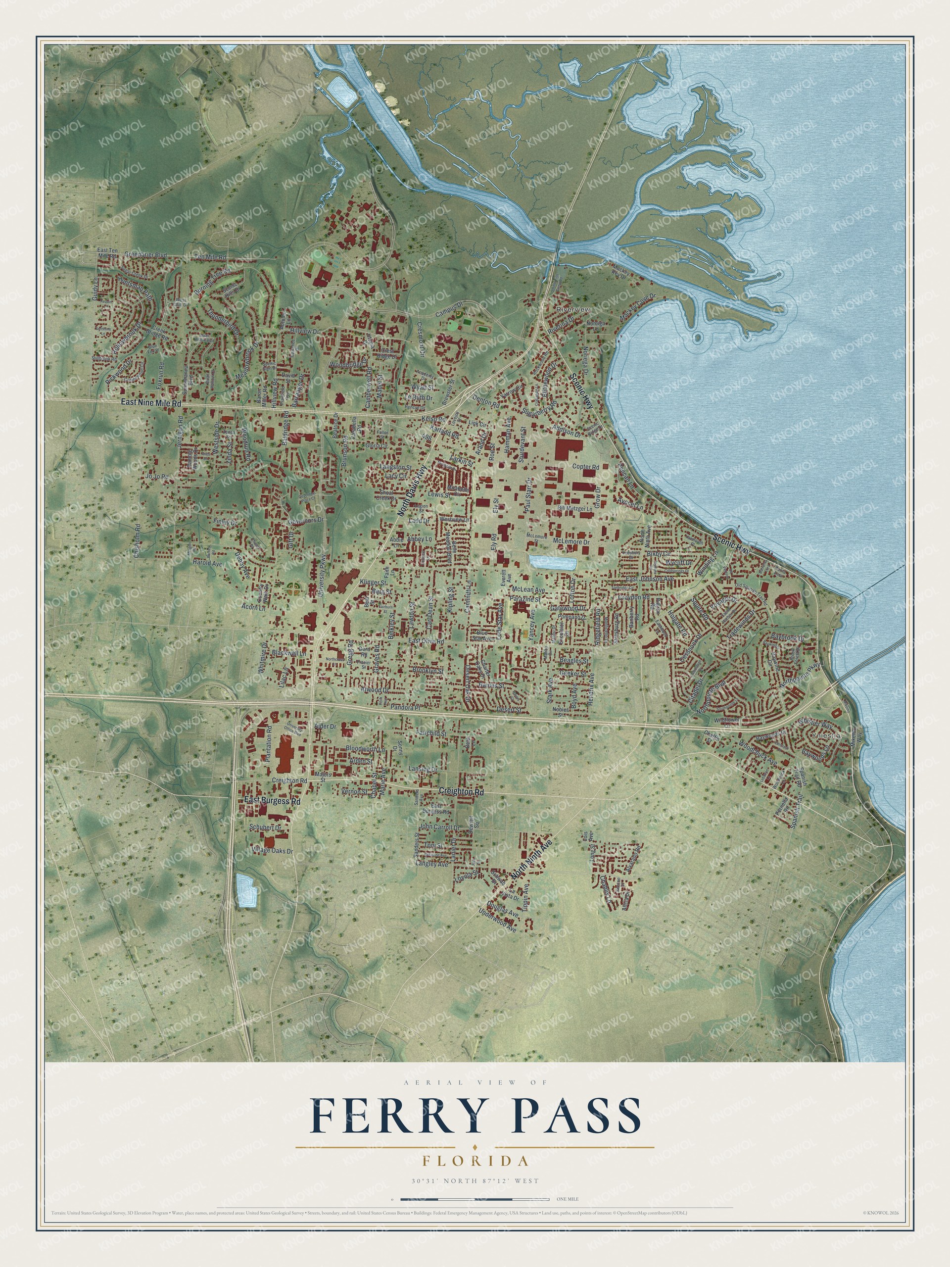 Full map of Ferry Pass, Florida, with red buildings, printed street names and the land around them