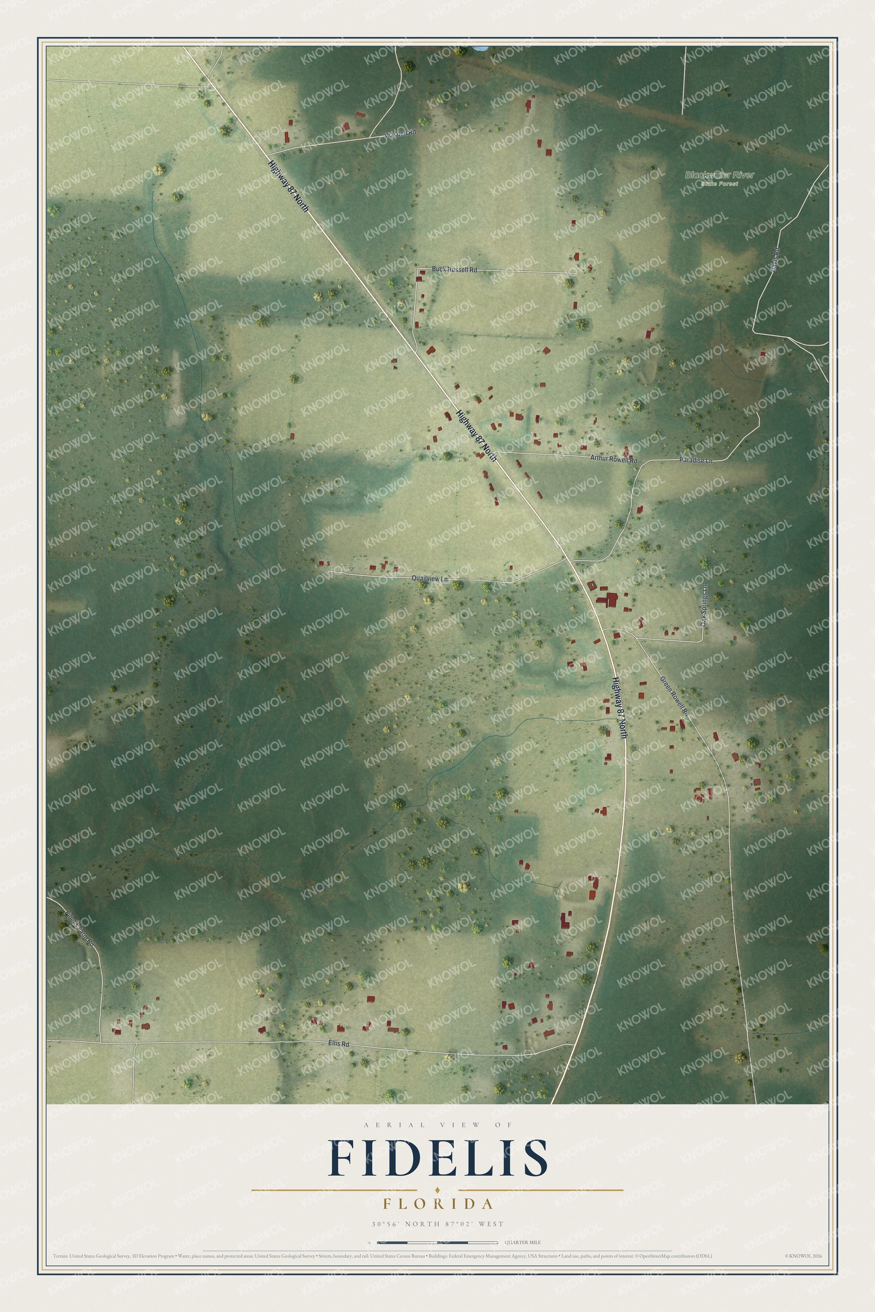 Full map of Fidelis, Florida, with red buildings, printed street names and the land around them