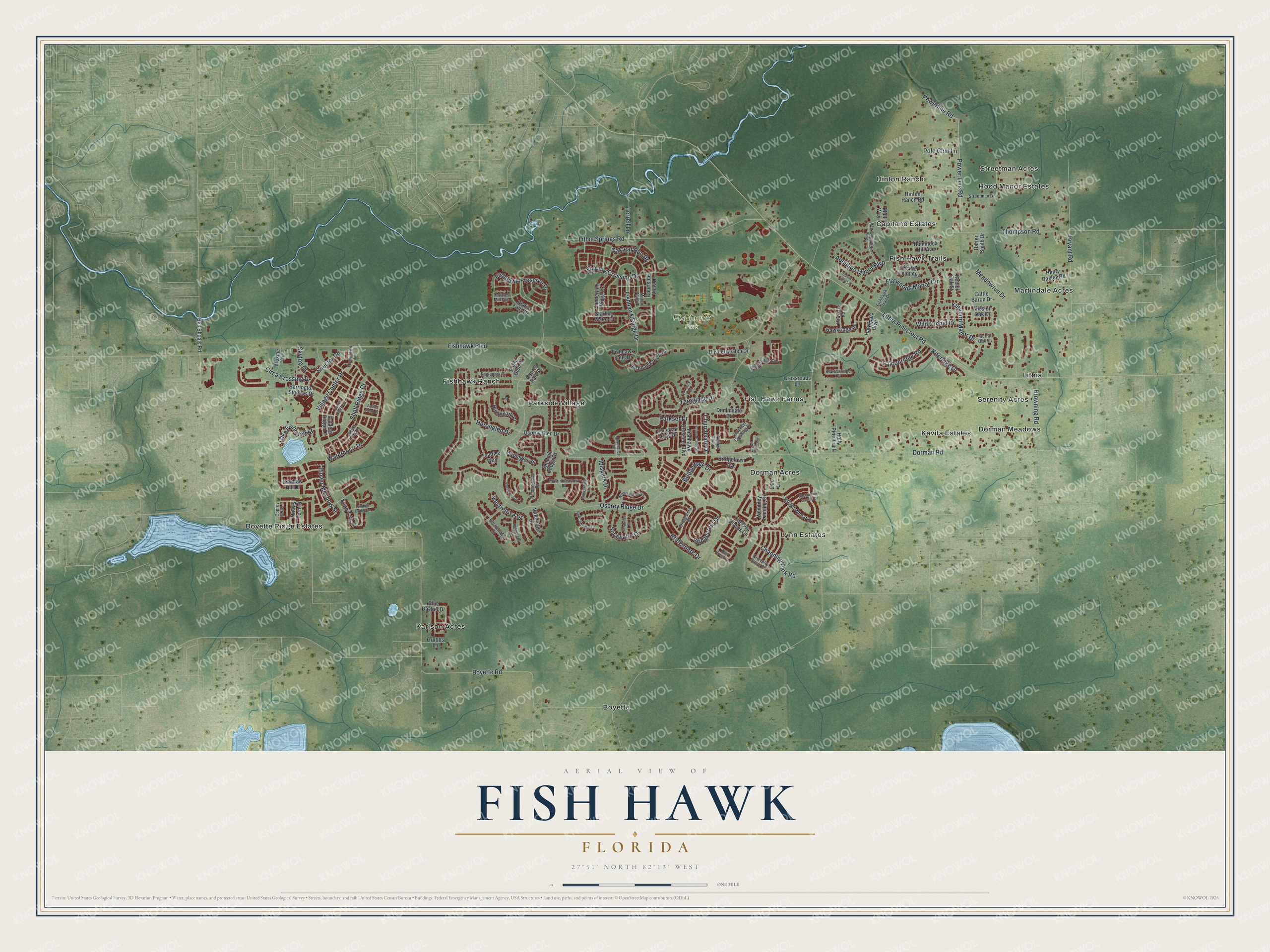 Full map of Fish Hawk, Florida, with red buildings, printed street names and the land around them