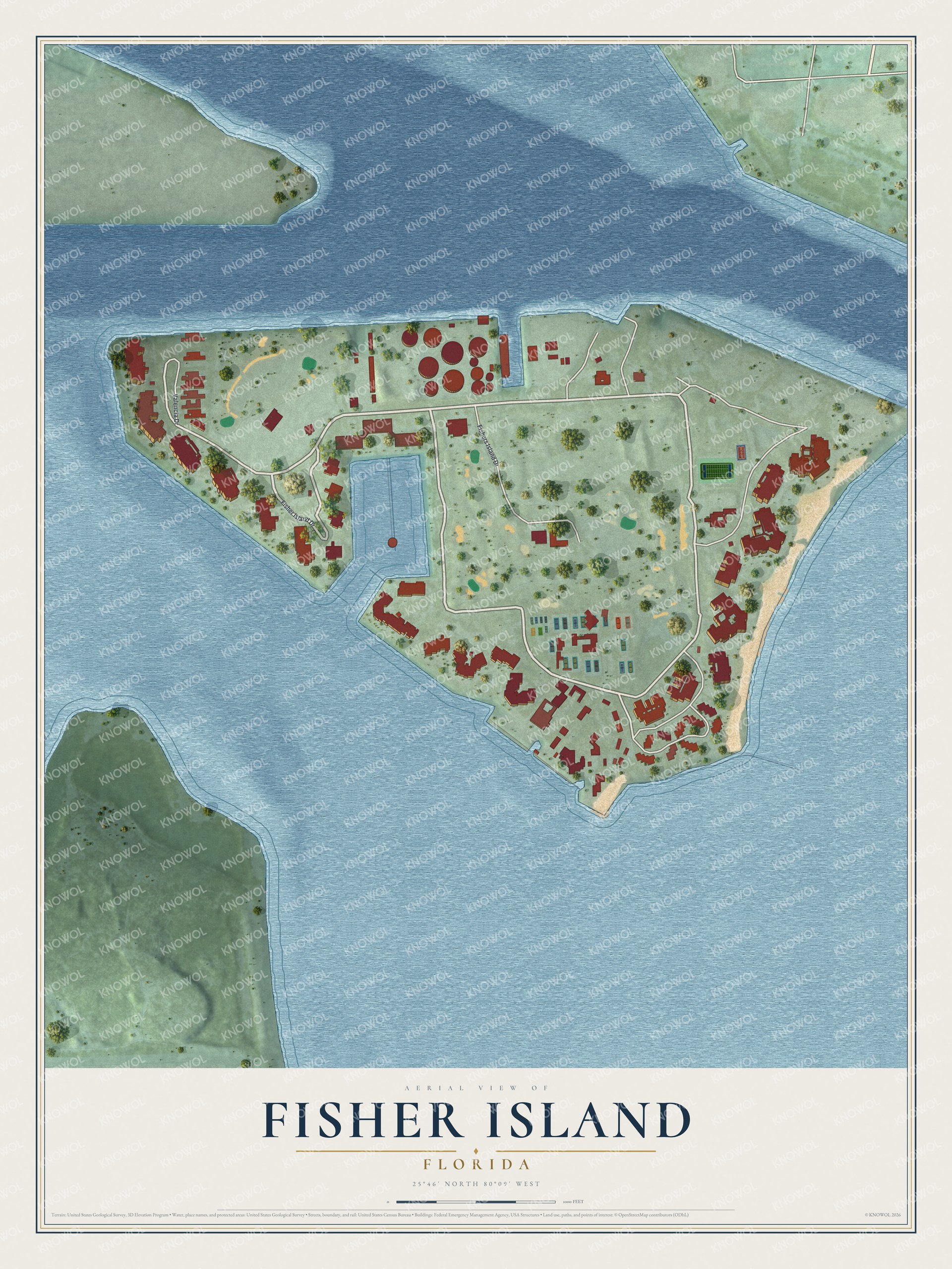 Full map of Fisher Island, Florida, with red buildings, printed street names and the land around them