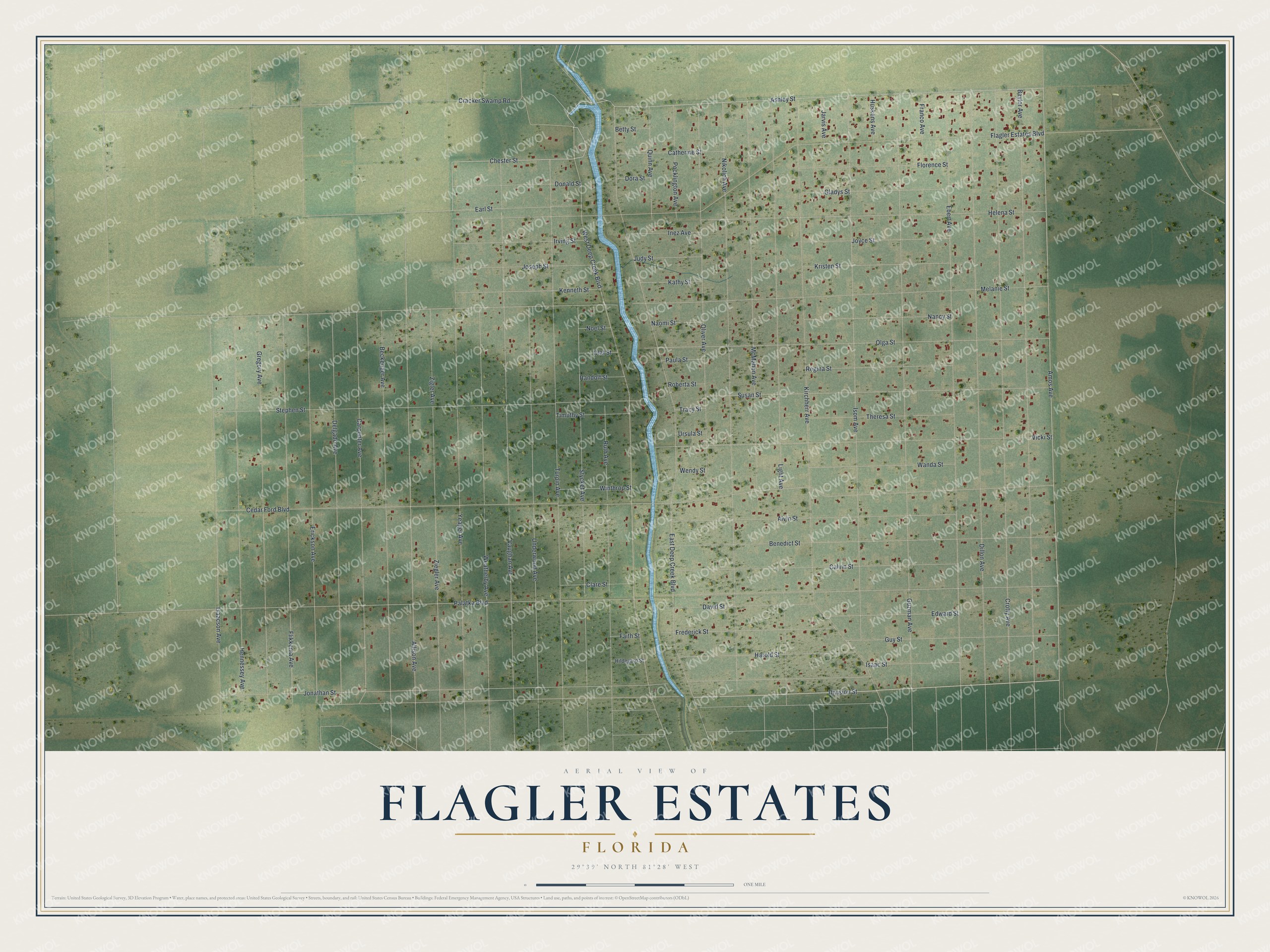 Full map of Flagler Estates, Florida, with red buildings, printed street names and the land around them