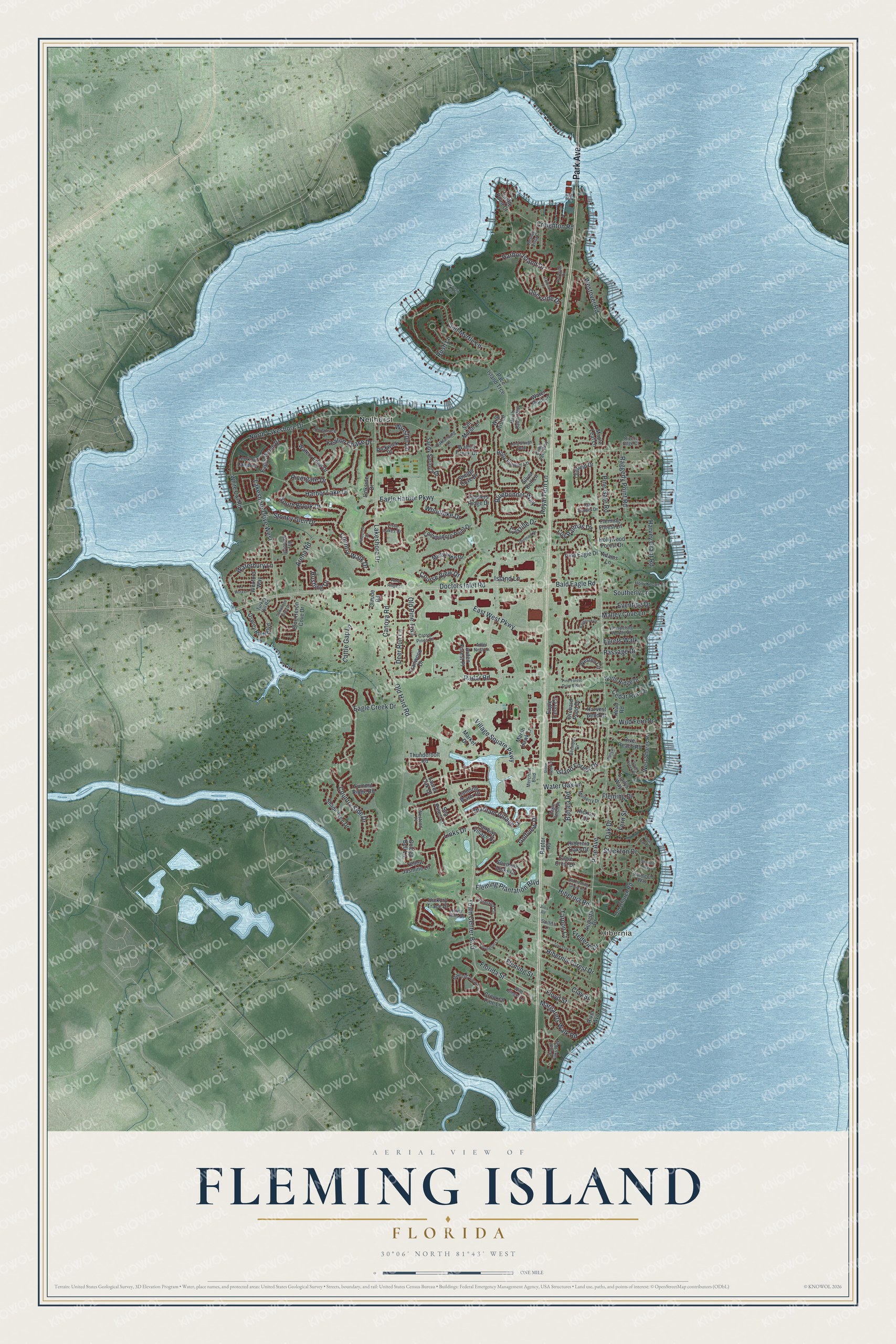 Full map of Fleming Island, Florida, with red buildings, printed street names and the land around them