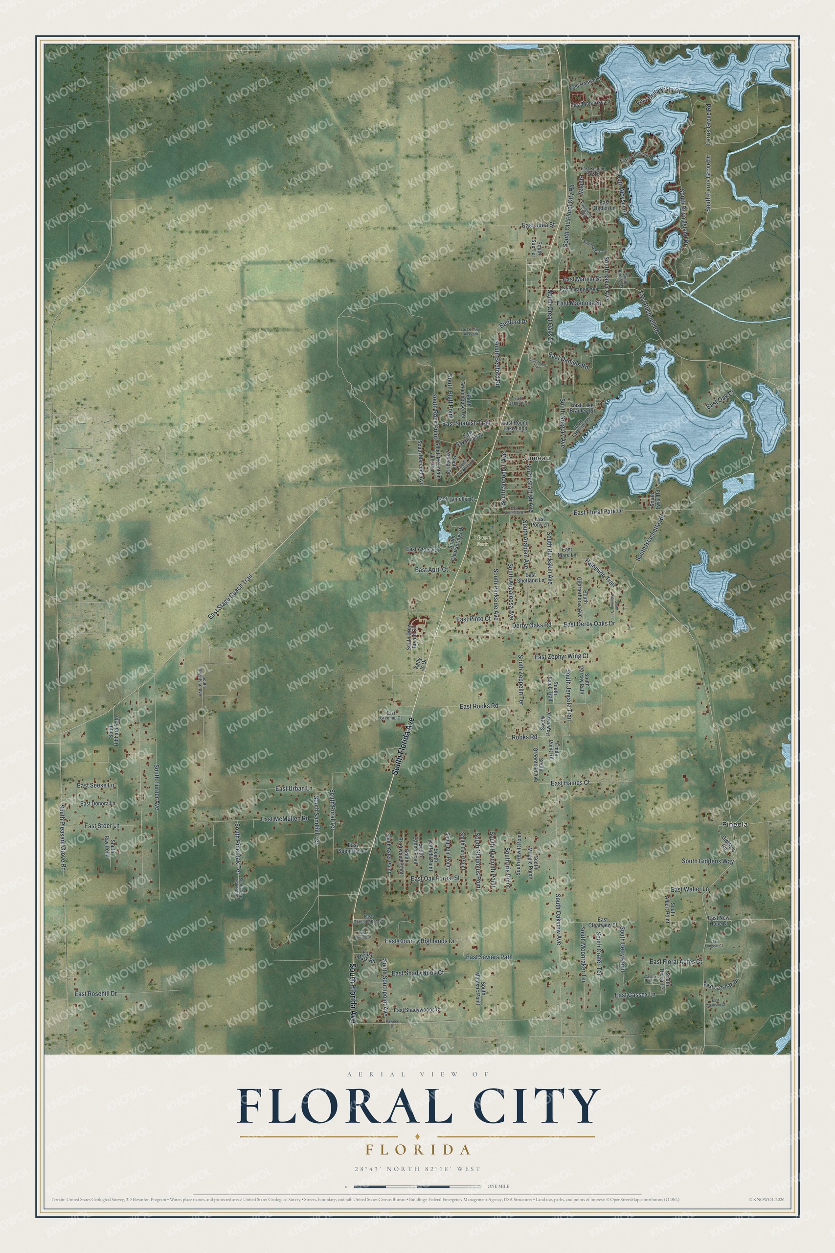 Full map of Floral City, Florida, with red buildings, printed street names and the land around them