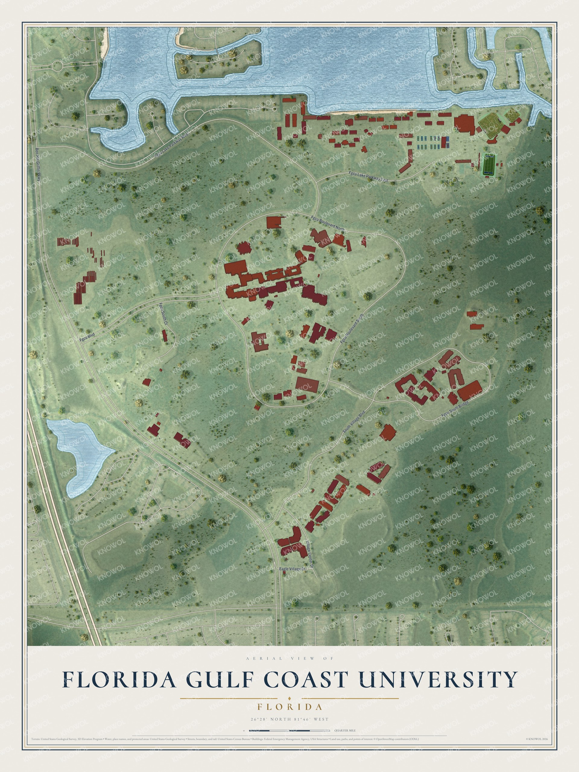 Full map of Florida Gulf Coast University, Florida, with red buildings, printed street names and the land around them