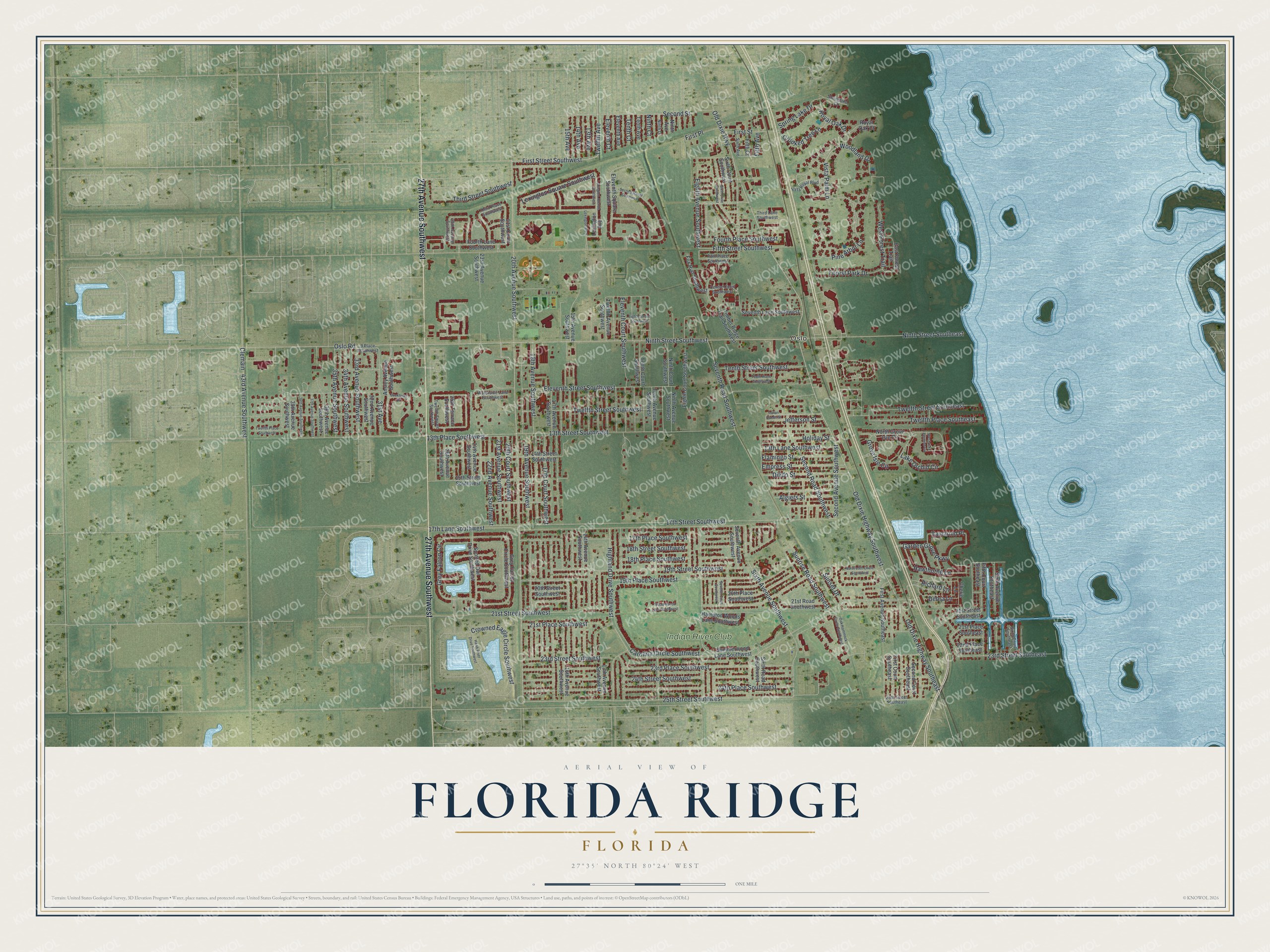 Full map of Florida Ridge, Florida, with red buildings, printed street names and the land around them