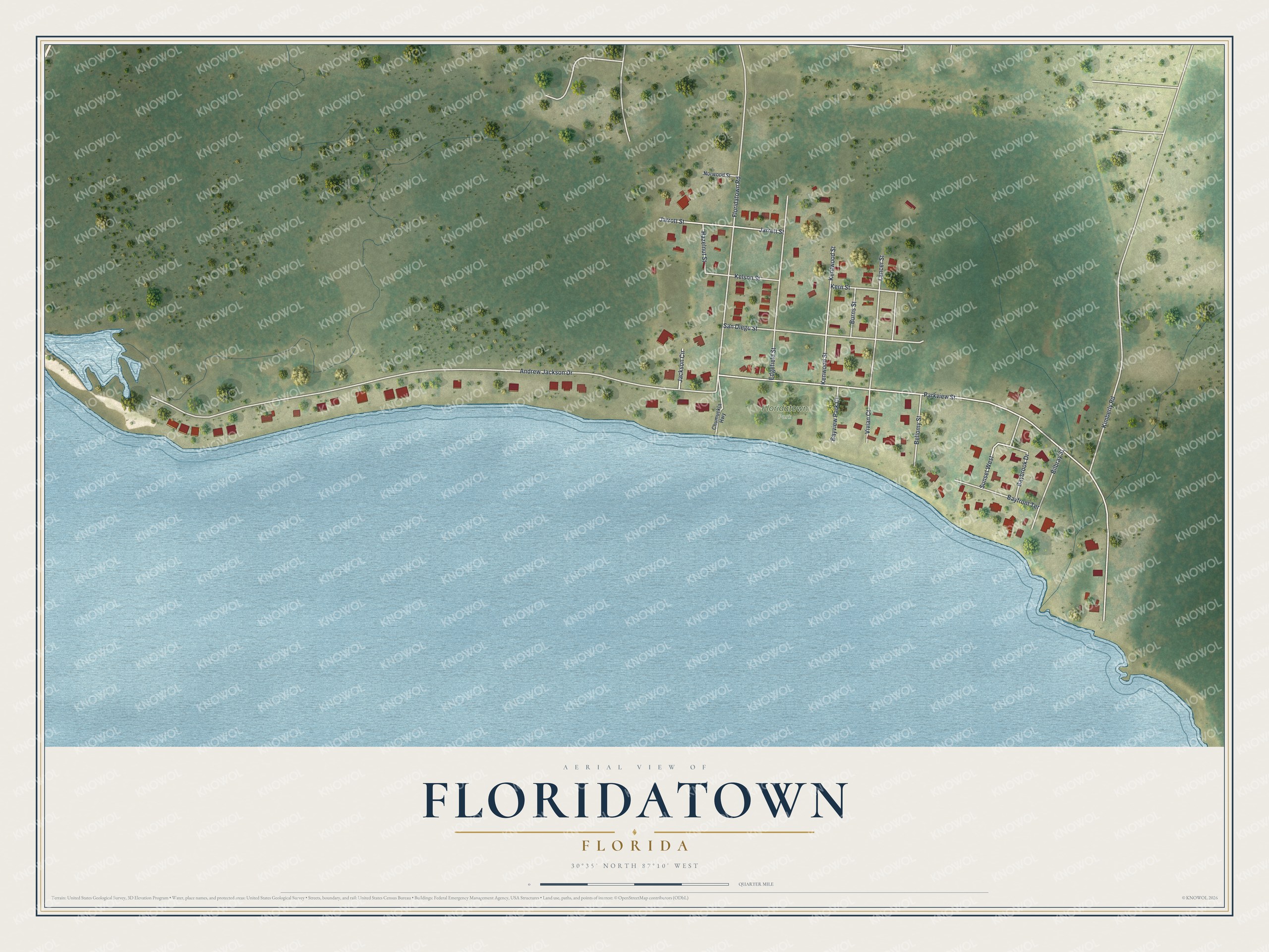Full map of Floridatown, Florida, with red buildings, printed street names and the land around them