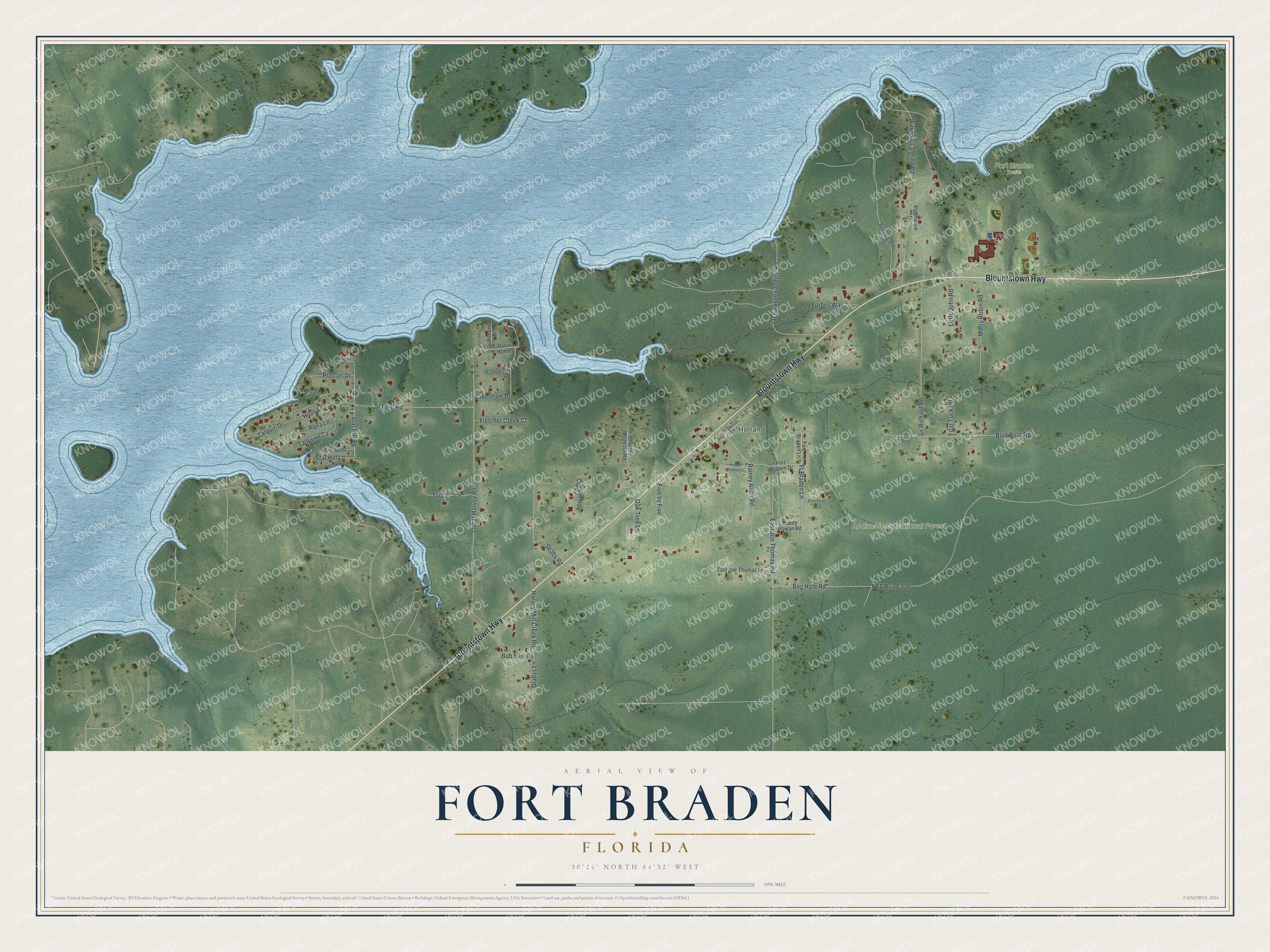 Full map of Fort Braden, Florida, with red buildings, printed street names and the land around them