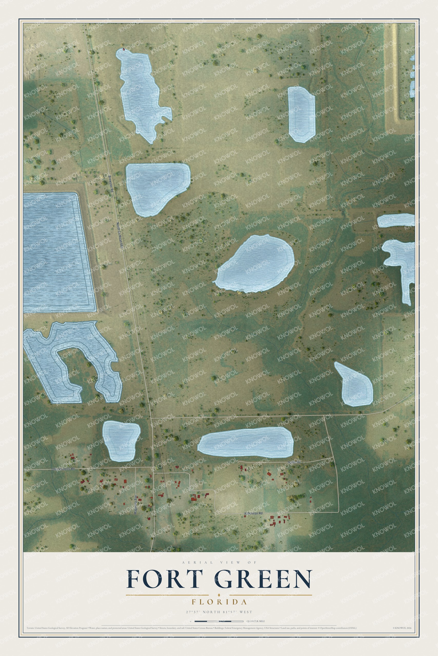 Full map of Fort Green, Florida, with red buildings, printed street names and the land around them