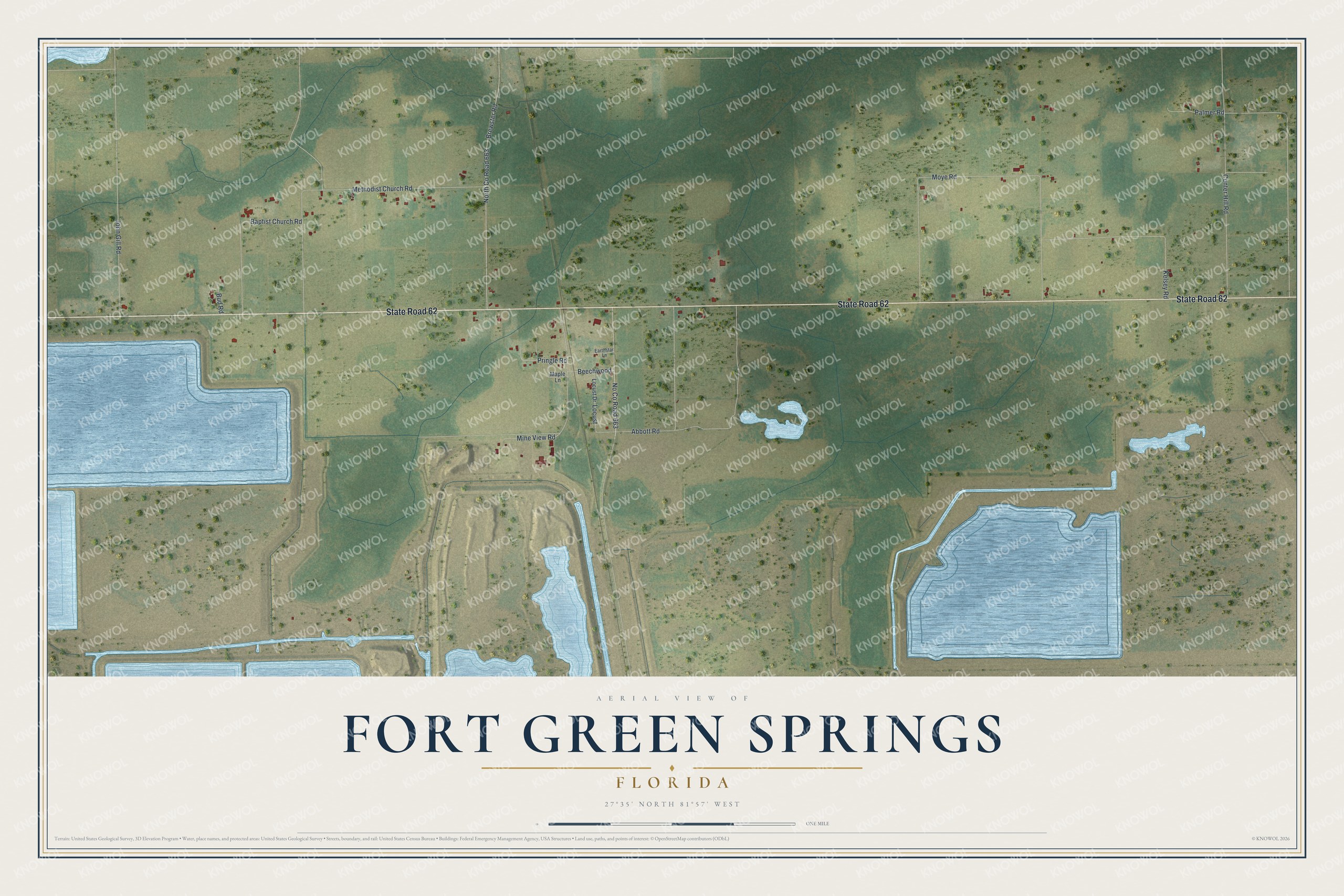Full map of Fort Green Springs, Florida, with red buildings, printed street names and the land around them