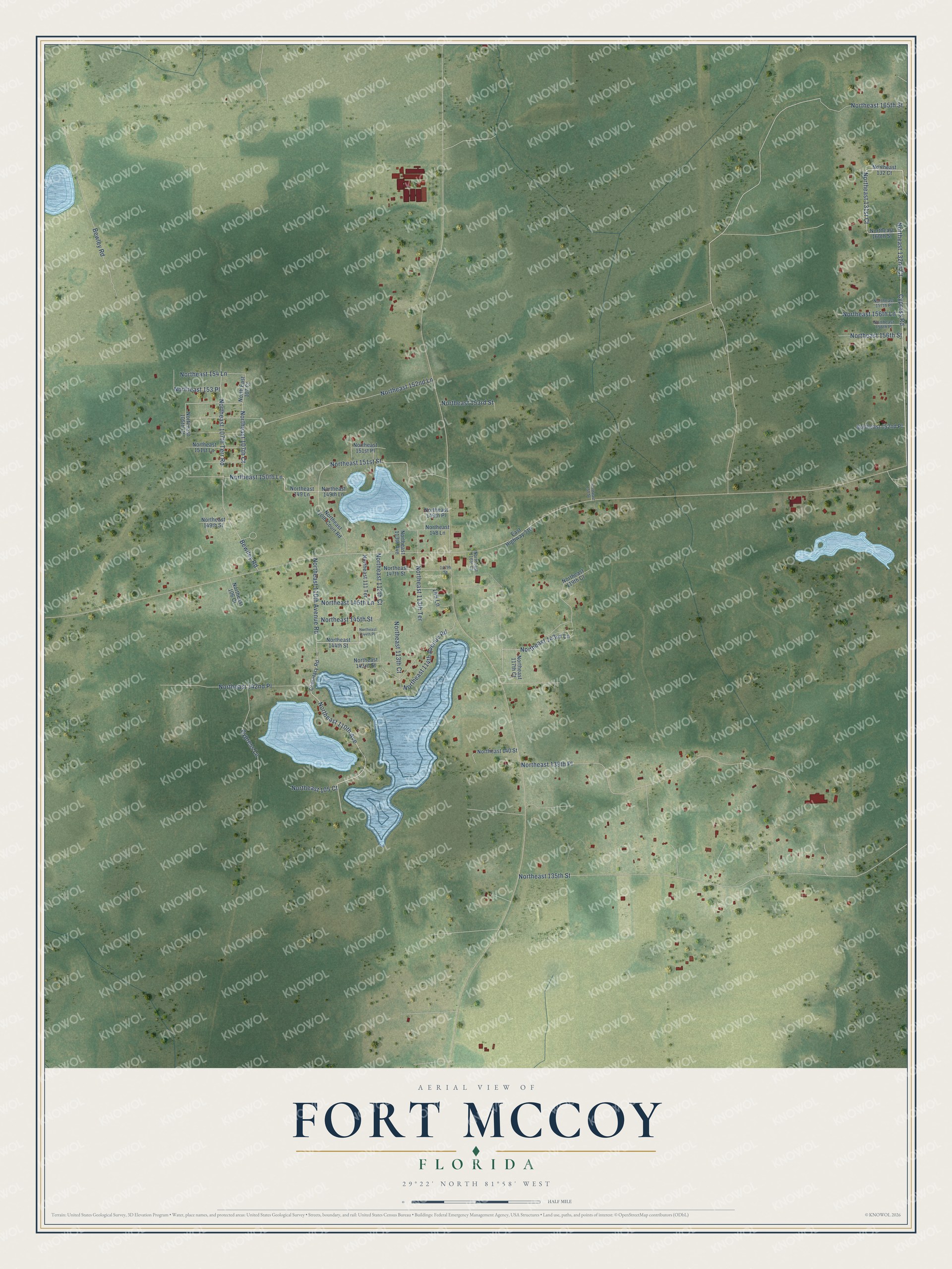 Full map of Fort McCoy, Florida, with red buildings, printed street names and the land around them