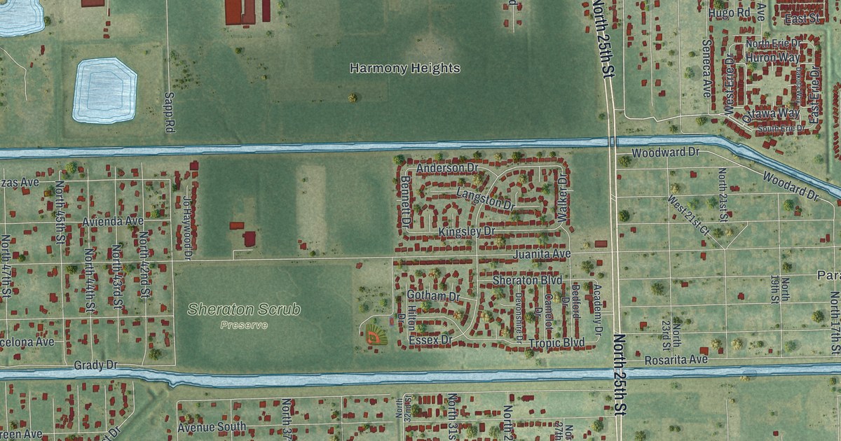 Close-up of streets and buildings in Fort Pierce North, Florida