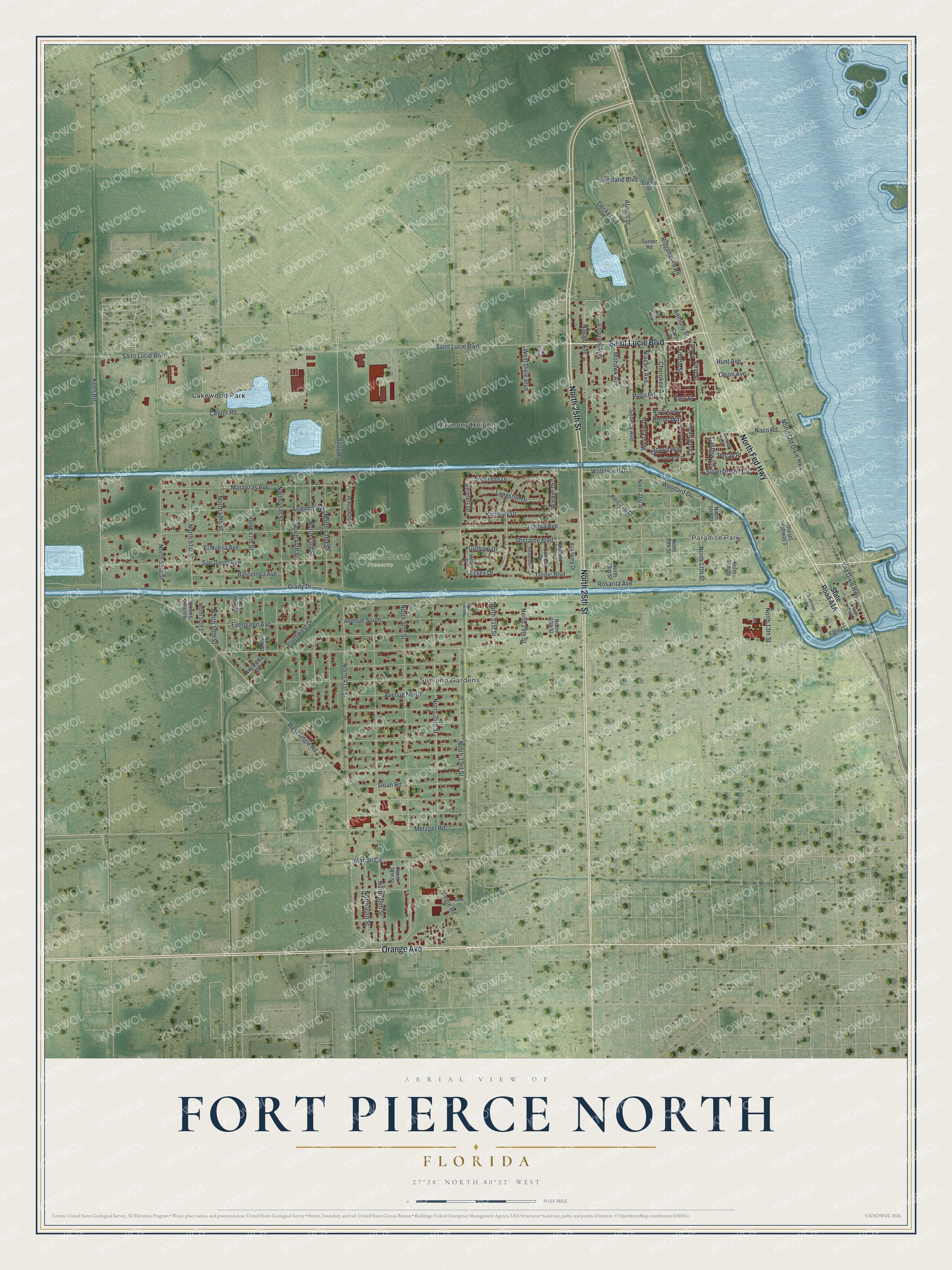 Full map of Fort Pierce North, Florida, with red buildings, printed street names and the land around them