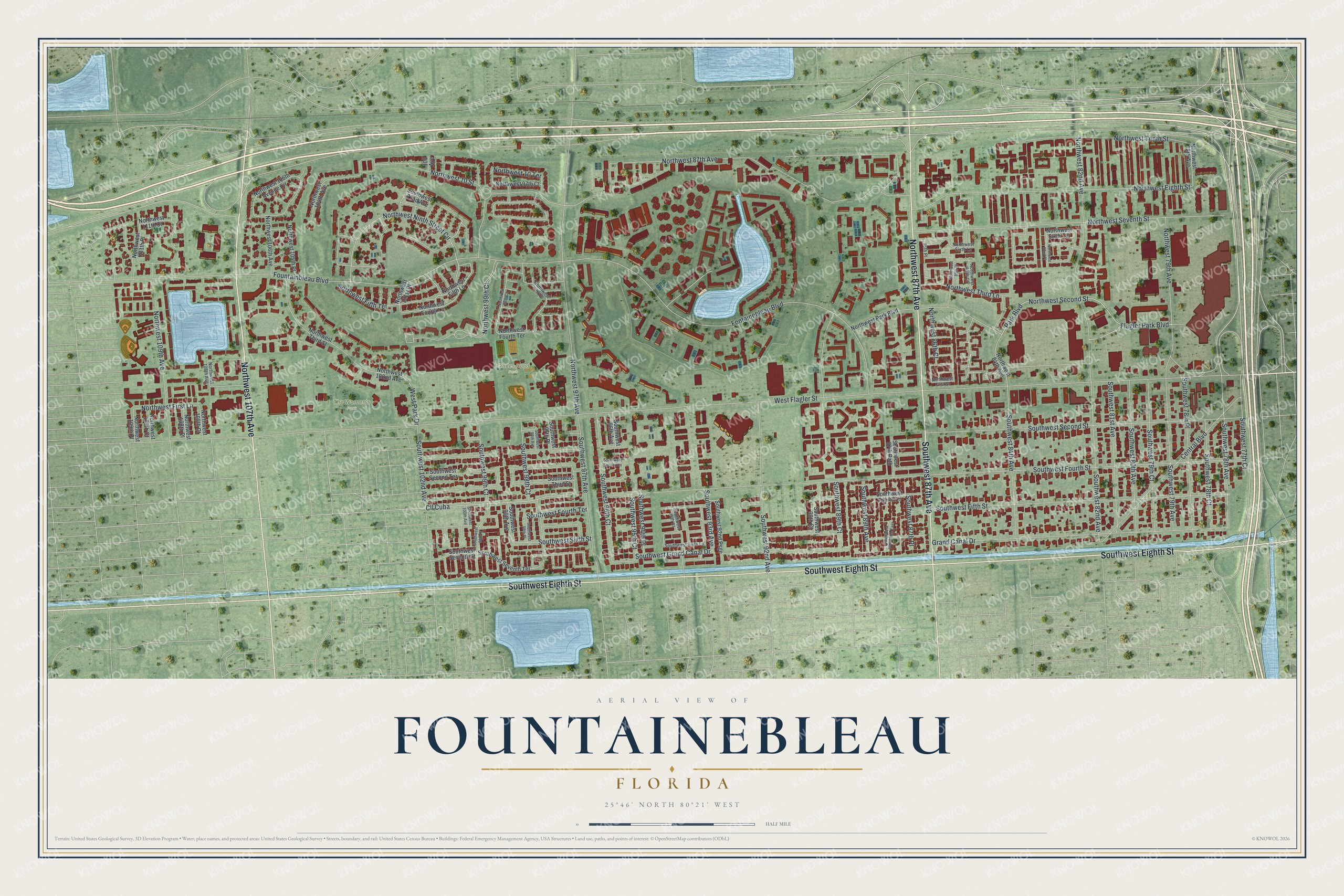Full map of Fountainebleau, Florida, with red buildings, printed street names and the land around them