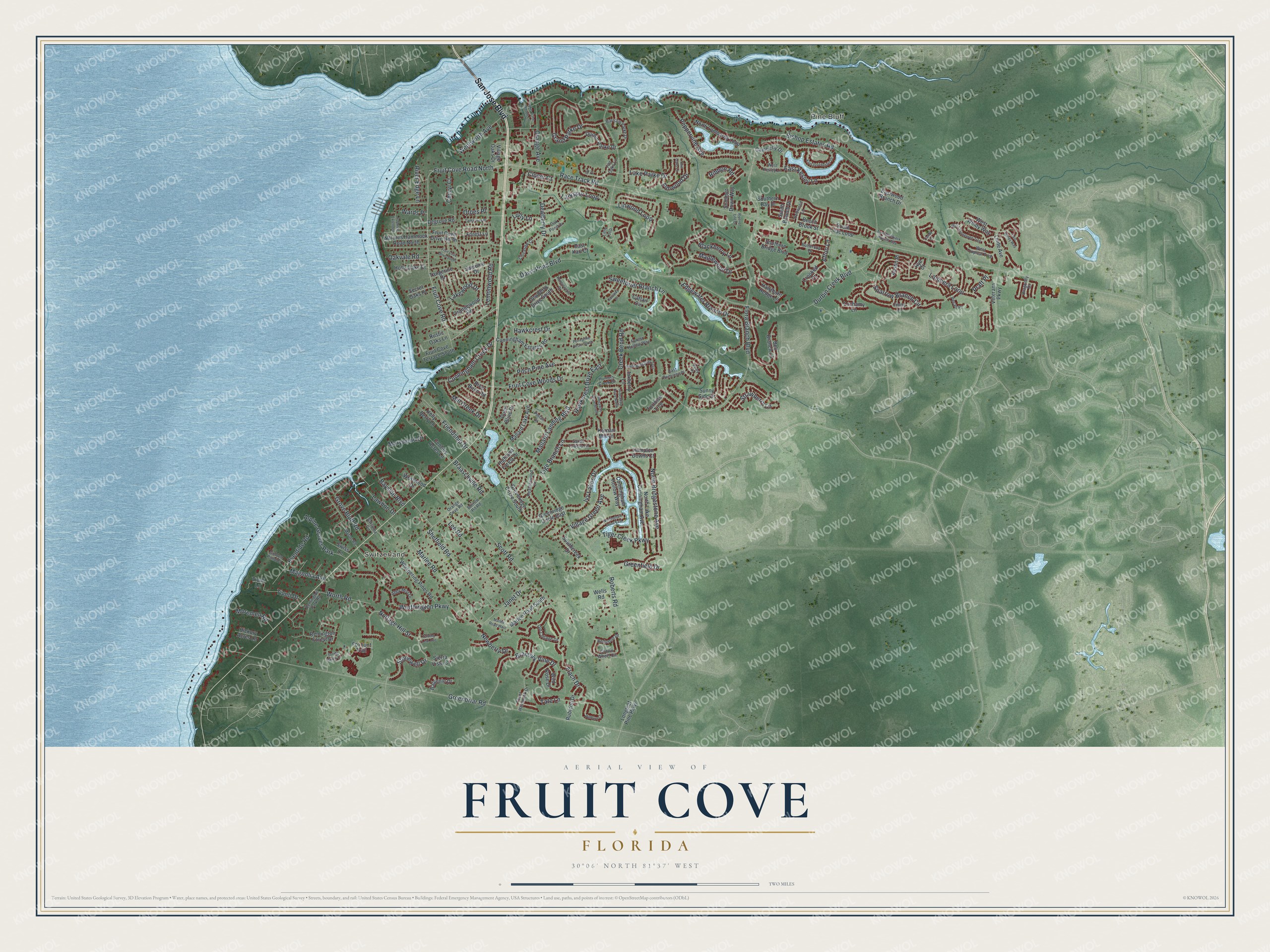 Full map of Fruit Cove, Florida, with red buildings, printed street names and the land around them