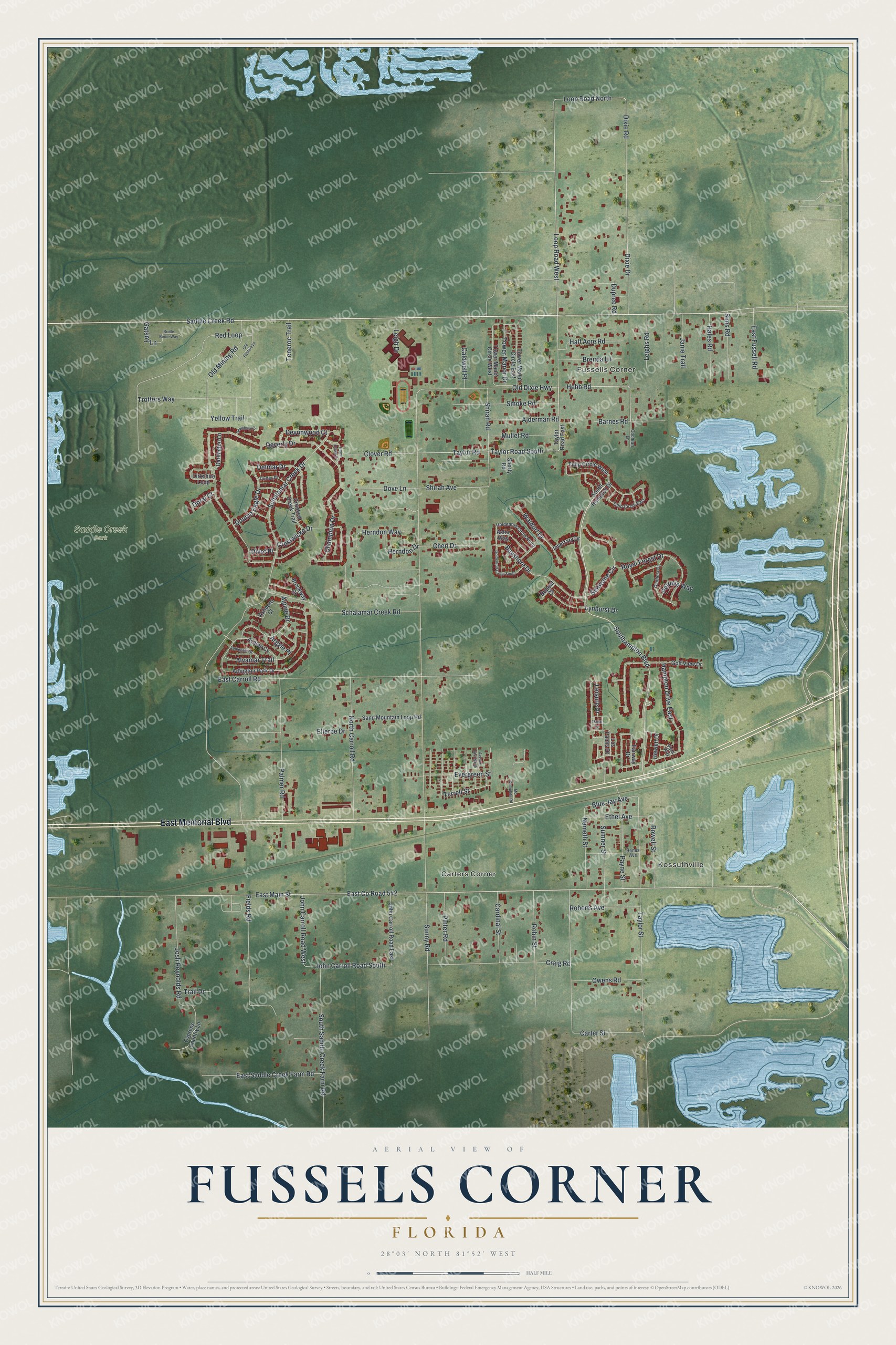 Full map of Fussels Corner, Florida, with red buildings, printed street names and the land around them