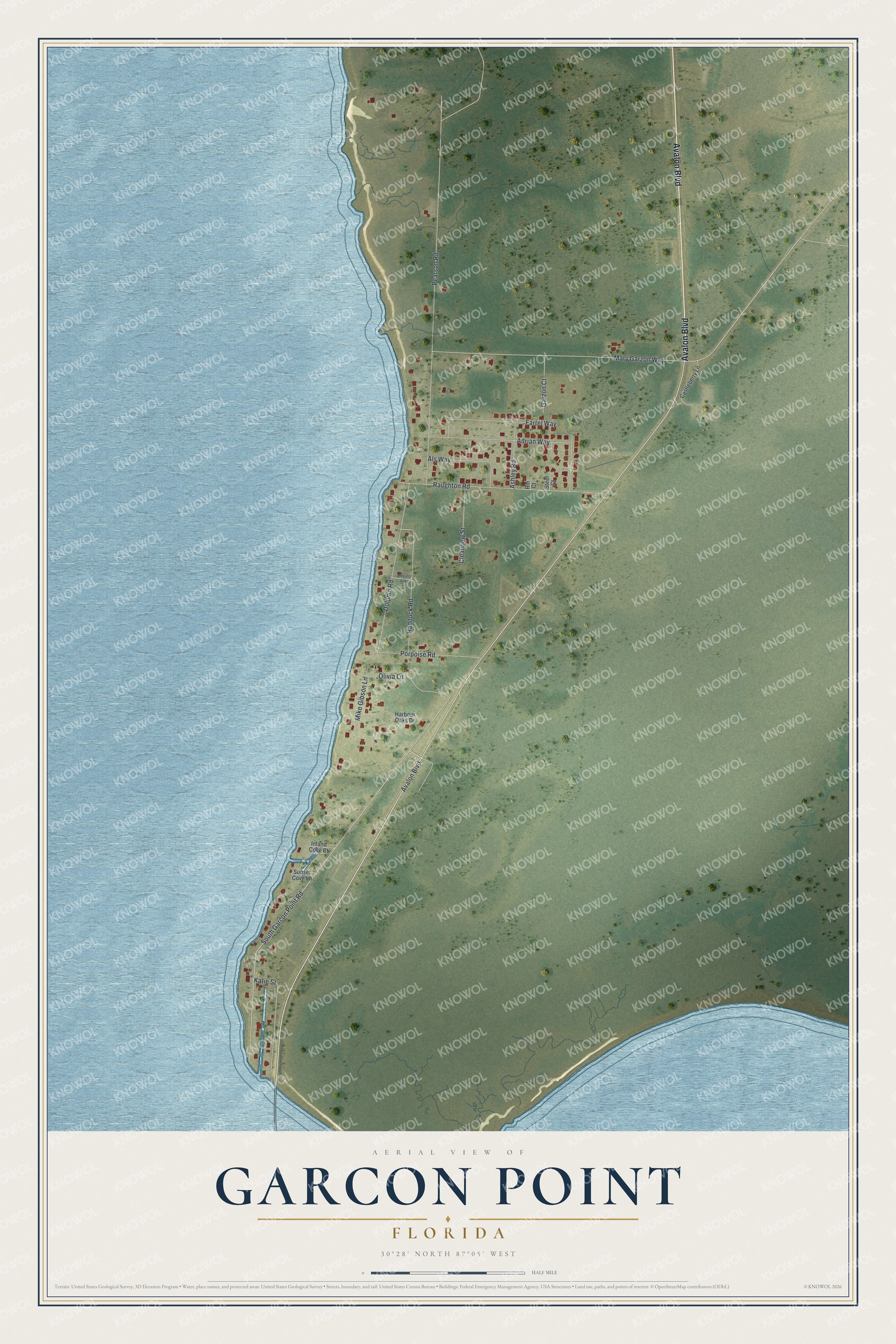 Full map of Garcon Point, Florida, with red buildings, printed street names and the land around them