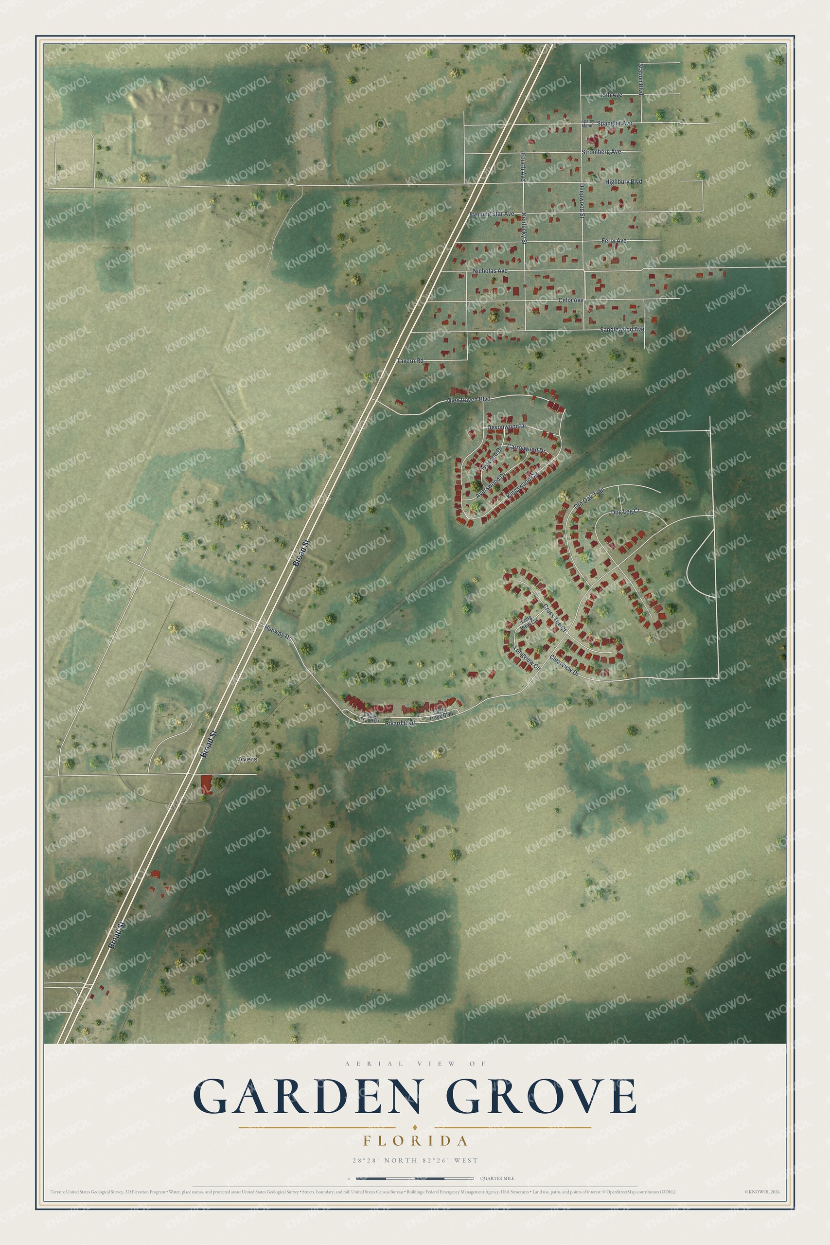 Full map of Garden Grove, Florida, with red buildings, printed street names and the land around them