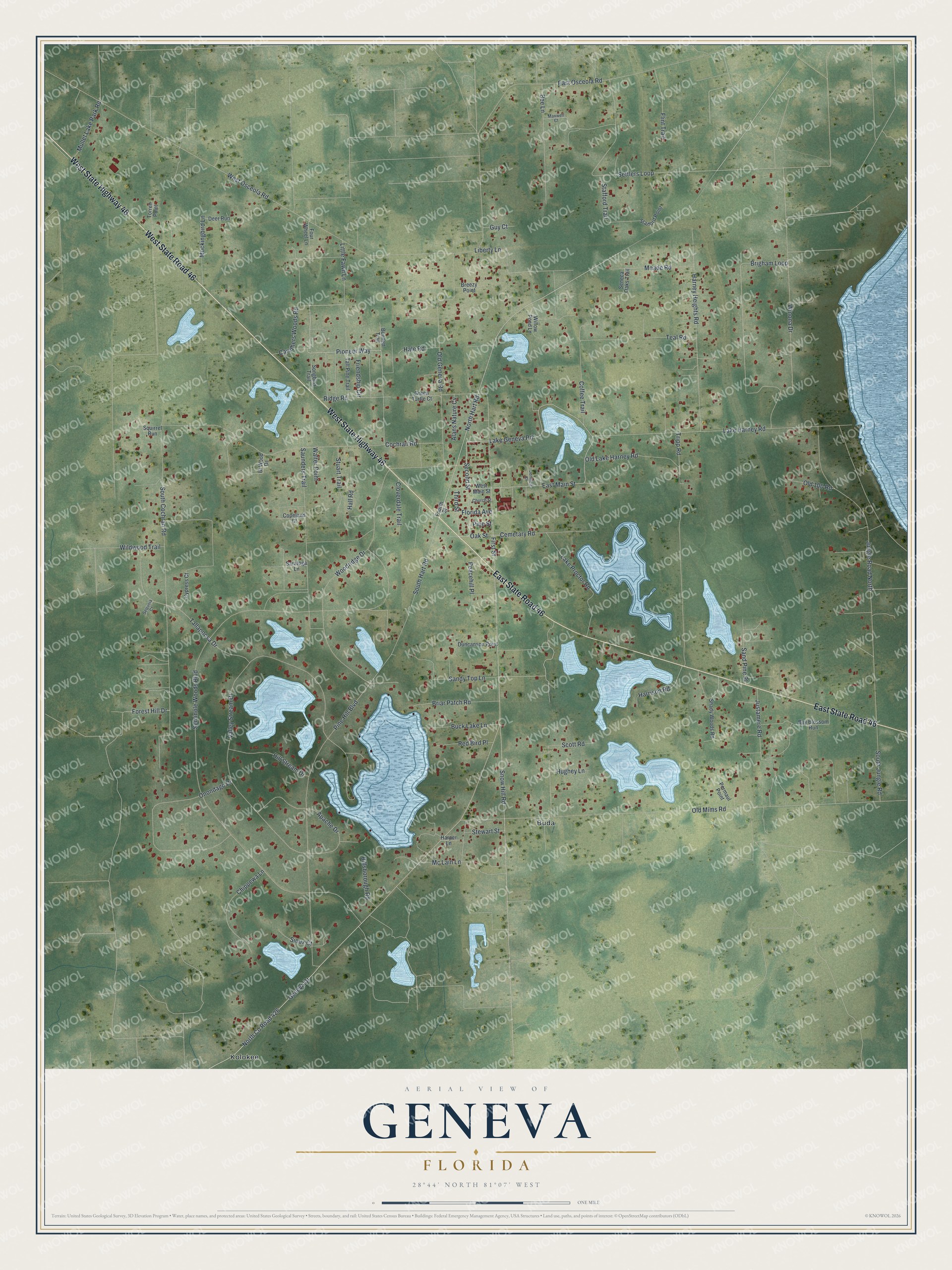 Full map of Geneva, Florida, with red buildings, printed street names and the land around them