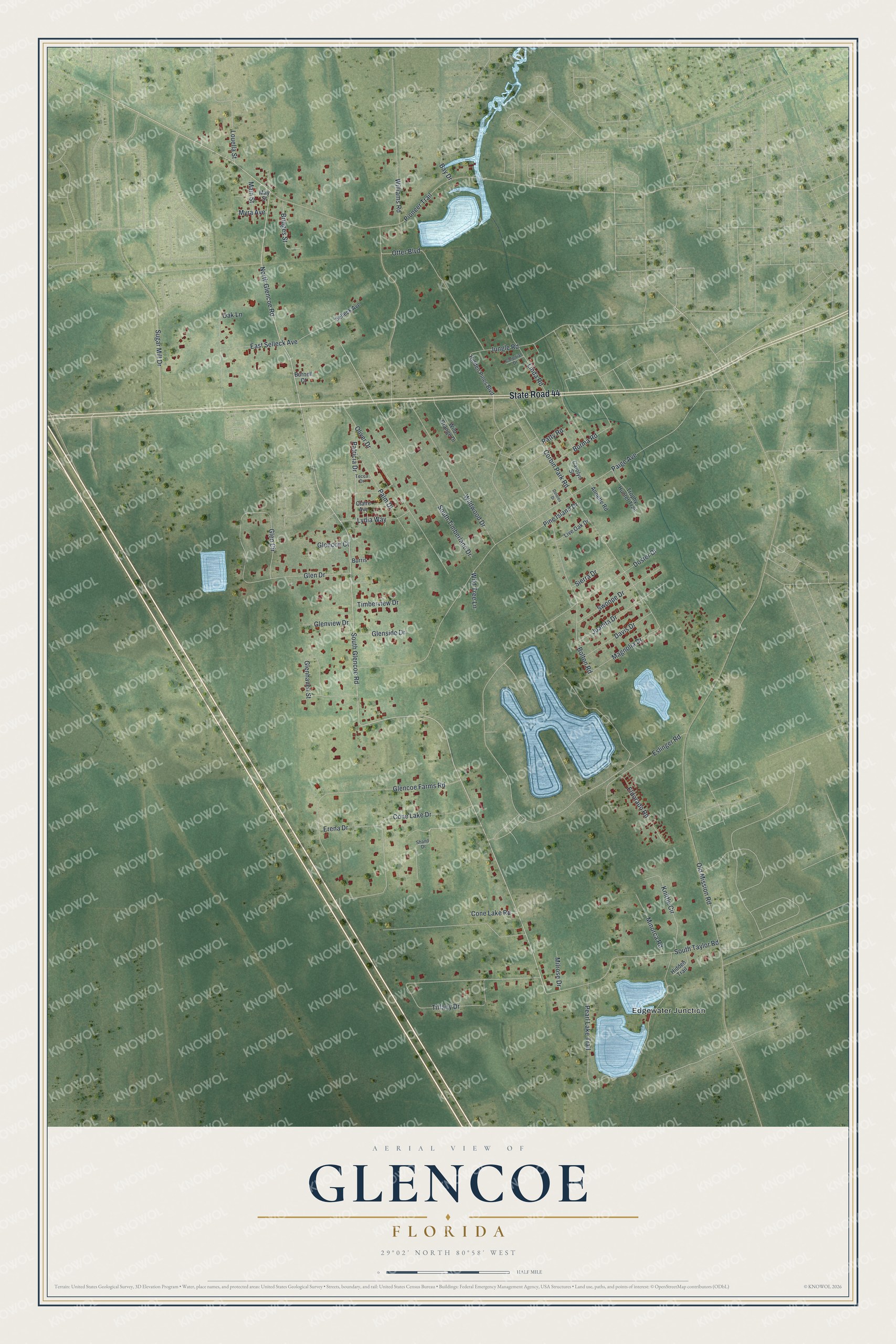 Full map of Glencoe, Florida, with red buildings, printed street names and the land around them