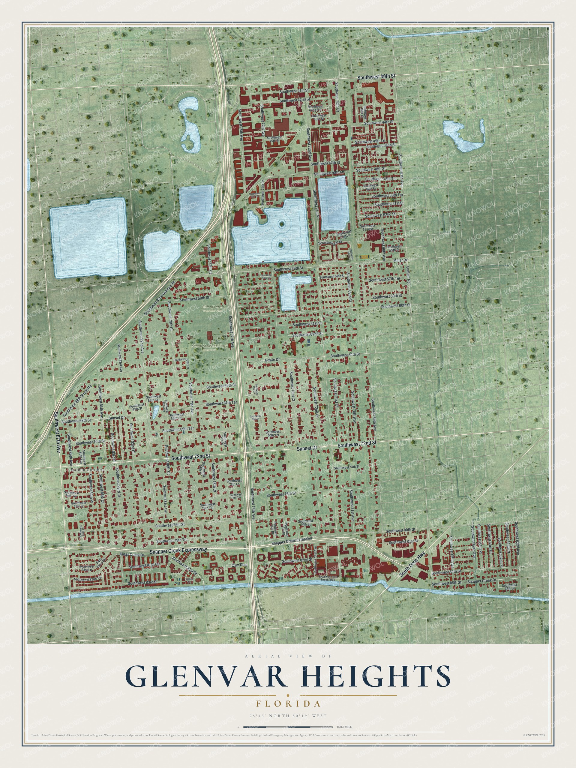 Full map of Glenvar Heights, Florida, with red buildings, printed street names and the land around them