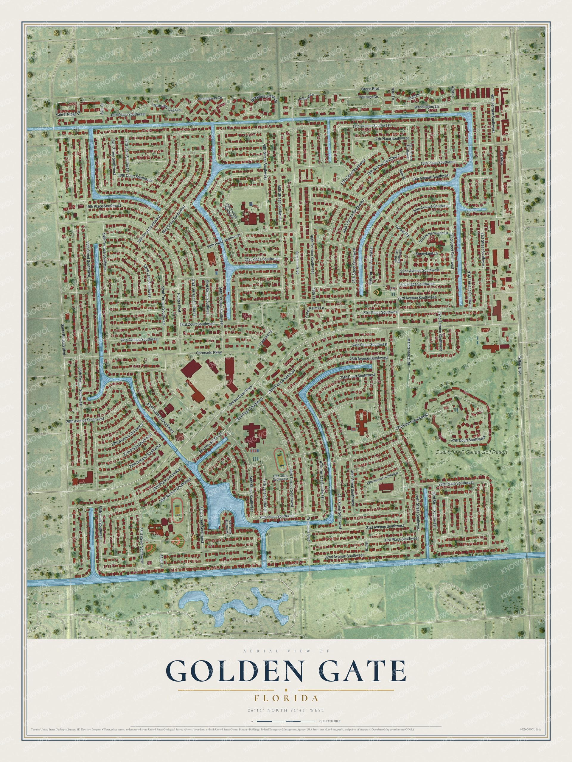 Full map of Golden Gate, Florida, with red buildings, printed street names and the land around them